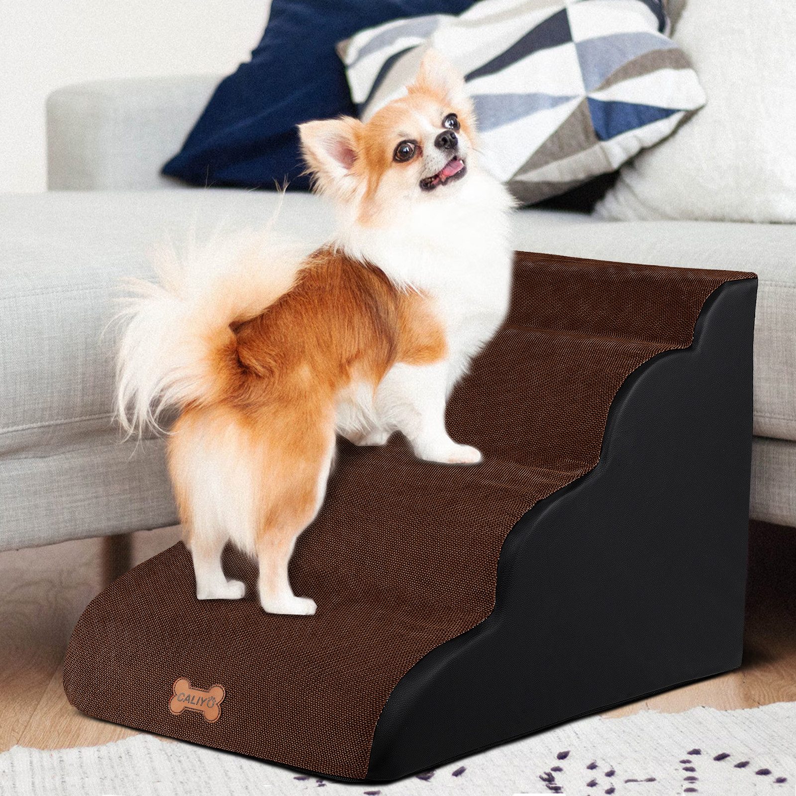 CALIYO Hunderampe Hundetreppe 3 Schichten Haustiertreppe Hundetreppe Katzentreppe, für Kleine Hunde Welpe Katzen aus Sofa Bett rutschfest