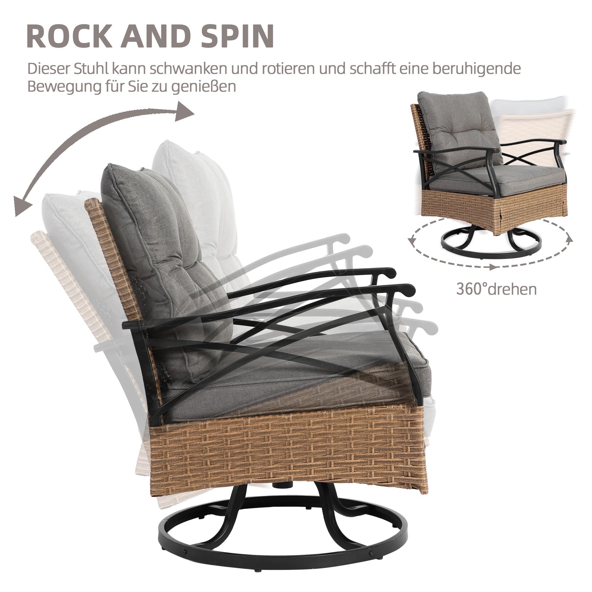 LVHOM Balkonset Outdoor-Loungeset, PE-Rattan Schaukelstuhl, (360° Swivel schwenkbar, 3-tlg. wetterfest, Gartenlounge-Set, Gartenbar-Set, Polstergarnitur, Schauk – Bild 4 von 5