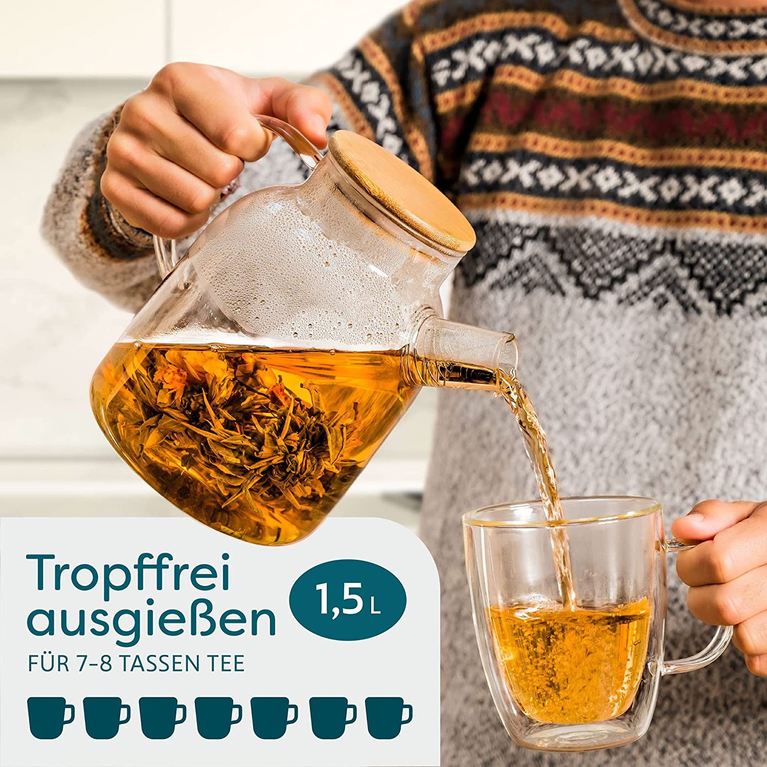 Cosumy Teekanne Teekanne Glas 1,5 Liter mit Deckel aus Bambus - Filter im Auslauf, 1500 l, (Packung, Teekanne mit Deckel), Getränke