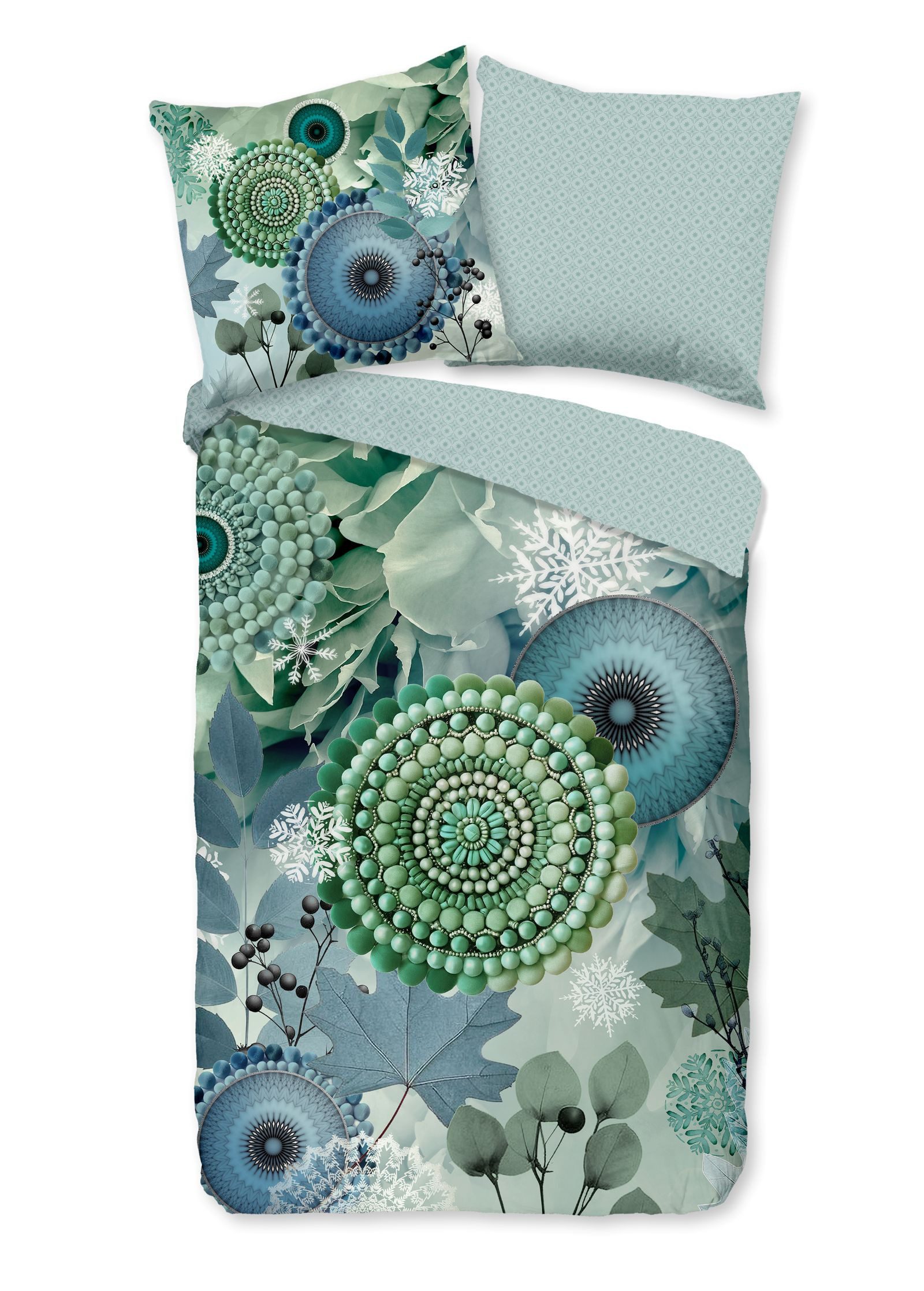 hip Bettwäsche hip Flanell Bettwäsche 135x200 Isehin Mandala Blätter kalt blau-grün, Flanell, 2 teilig, für den Winter