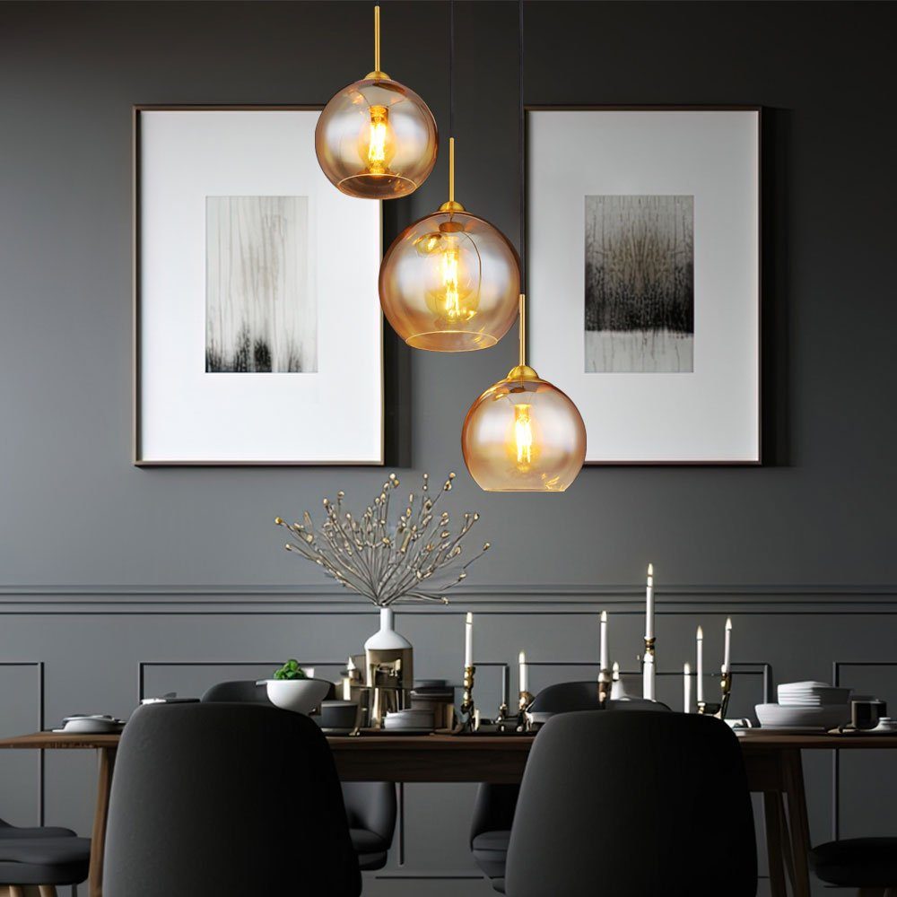 GLOBO LIGHTING Pendelleuchte, Leuchtmittel nicht inklusive, Hängelampe Pendellampe Wohnzimmerlampe Glas amber 3 flammig