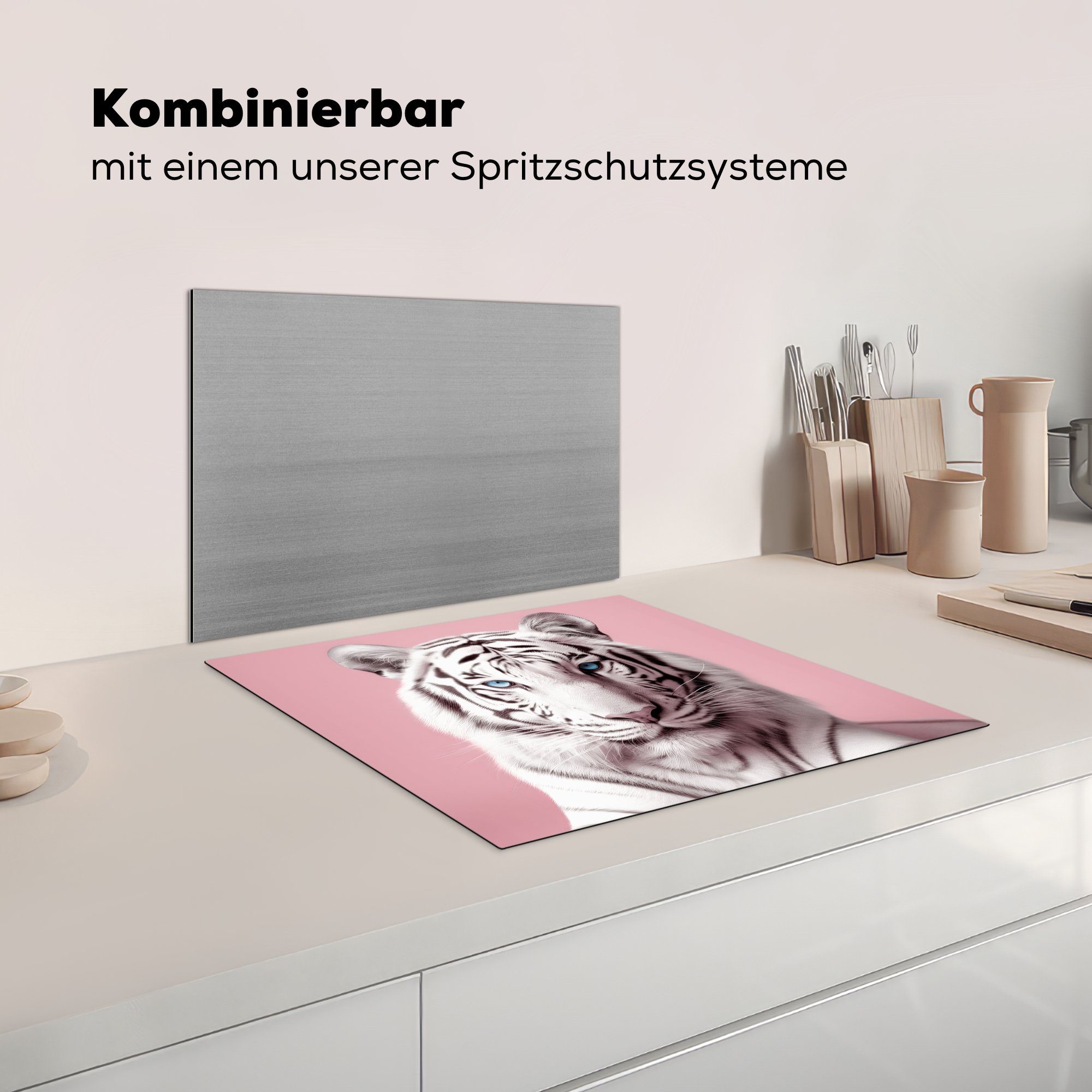 60x52 Herdblende-/Abdeckplatte Ceranfeldabdeckung nutzbar, Arbeitsfläche Tiere - Rosa MuchoWow Tiger (1 Albino - Vinyl, - Mobile cm, tlg), Porträt, -