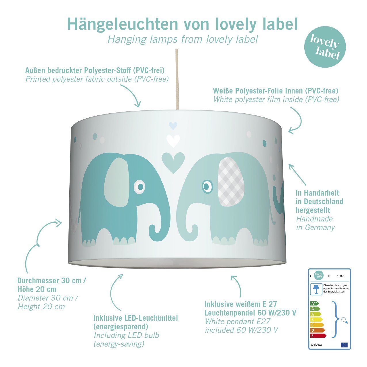 Hängelampe lovely Elefanten - LED Kinderzimmer, Plug Pendelleuchte wechselbar, Baby & label Warmweiß blau/grau Shine,