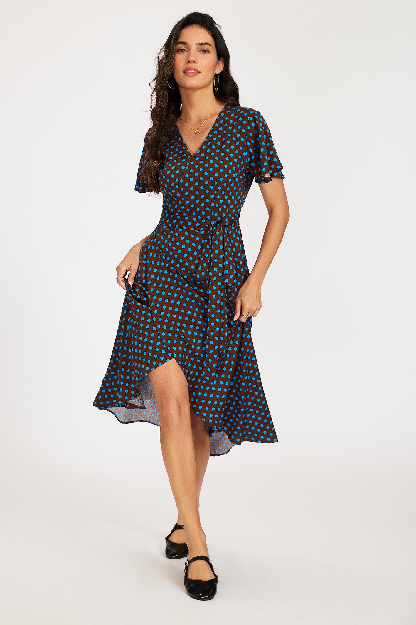 FS Collection Wickelkleid Damen Sommerkleid Freizeitkleid Wickelkleid Maxikleid V-Ausschnitt (XS (EU:36 / UK:8) · S (EU:38 / UK:10) · M (EU:40 / UK:12) · L (EU:42 / UK:14) · XL (EU:44 / UK:16), 4 Farben: Braun-Blau, Schwarz-Braun,Dunkelgrün gepunktet, Oliv-Schwarz) Wickeloptik, V-Ausschnitt, Bindegürtel, Flatterärmel