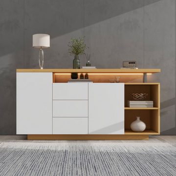 REDOM Sideboard Kommode mit 3 Schubladen und 2 Türen (mit Einlegböden verstellbar, mit LED-Beleuchtung)