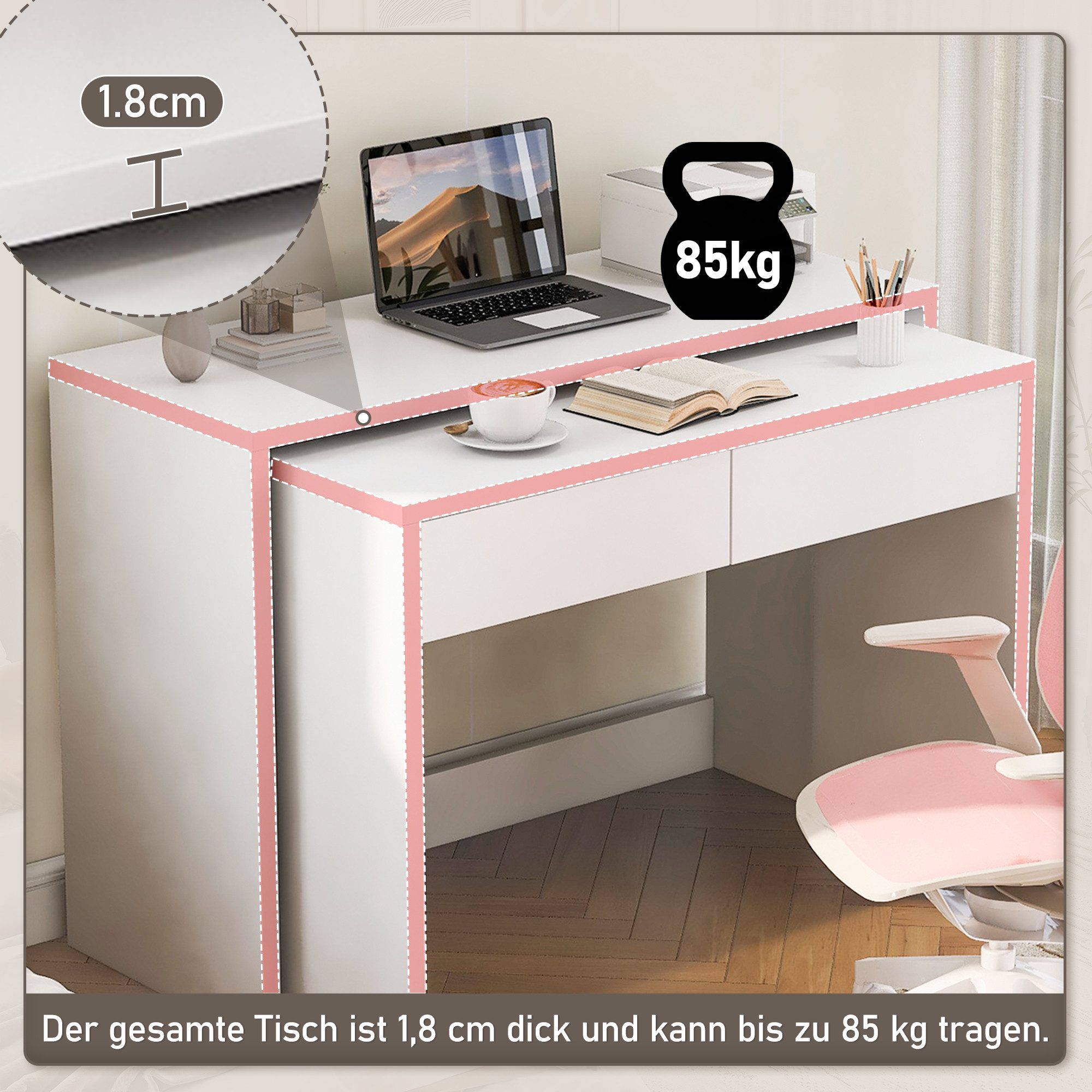 Flieks Schreibtisch Regalschreibtisch & ausziehbare Kommode 2-in-1 Kompaktschreibtisch (flexibel kombinierbar Tisch, 2-St., 2er Set), Arbeitstisch Bürotisch Computertisch mit Schubladen und Rollen Weiß