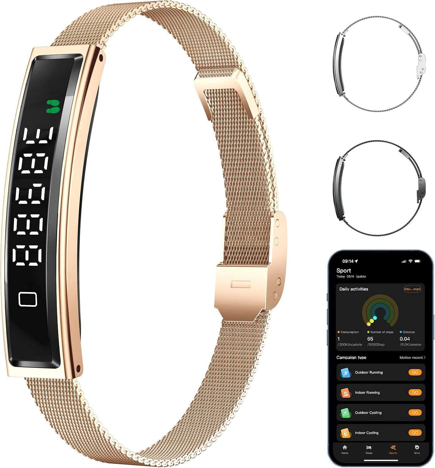 MOPUEA Fitness-Tracker Fitness Tracker Armband Herzfrequenz Schlafanalyse 12 Sportmodi (Fitnessarmband Set mit Wechselarmbändern, Smartband mit Metall Mesh und Silikonarmband inklusive), 12 Sportmodi Schlafanalyse Anrufanzeige App Verbindung