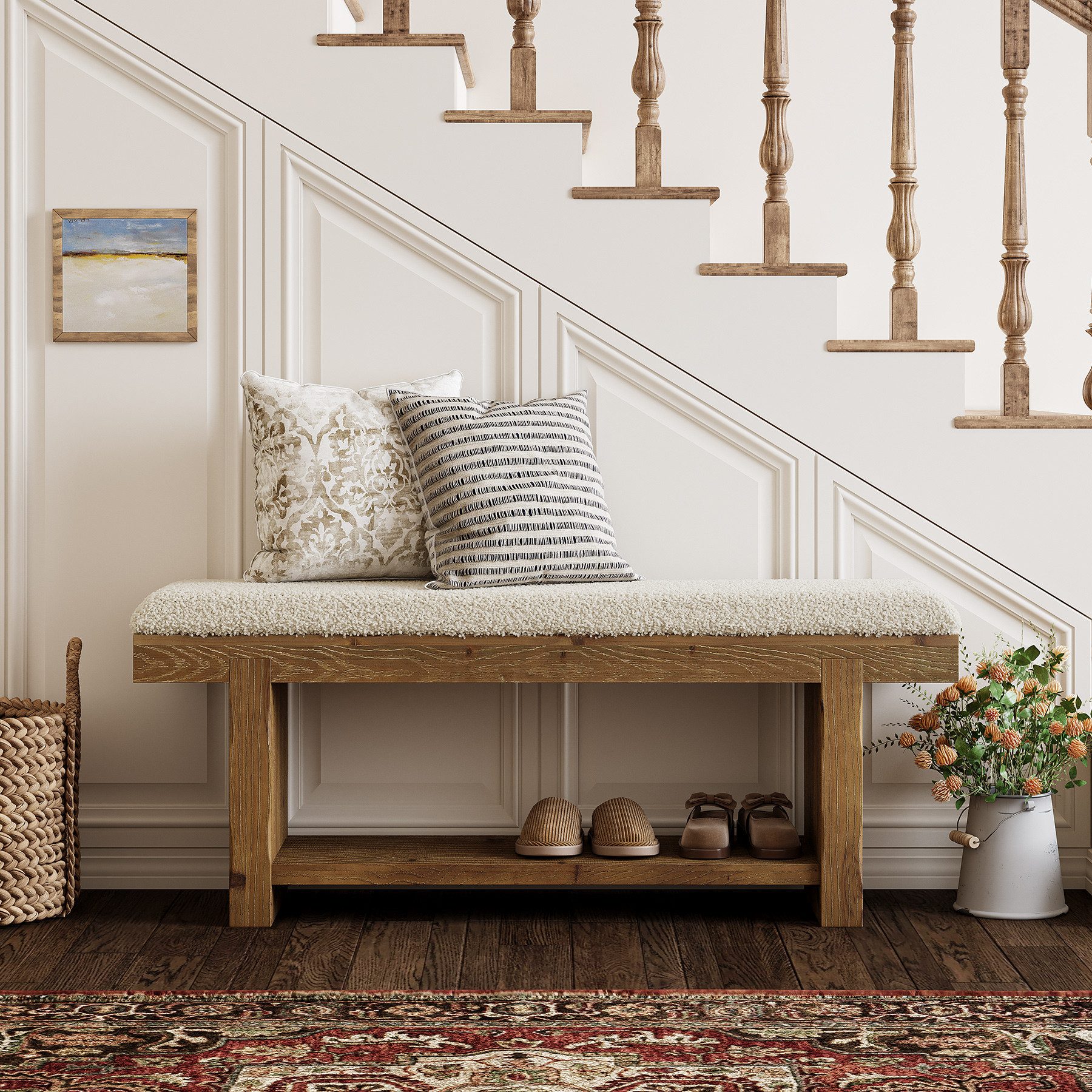 Tribesigns Schuhbank 120 cm lange Massivholz-Eingangsbank, 2-stufige Sitzbank, gepolsterte (Schlafzimmerbank im Landhausstil mit Ablagefach, schmale Bank für Schlafzimmer, Eingangsbereich, Garderobe)