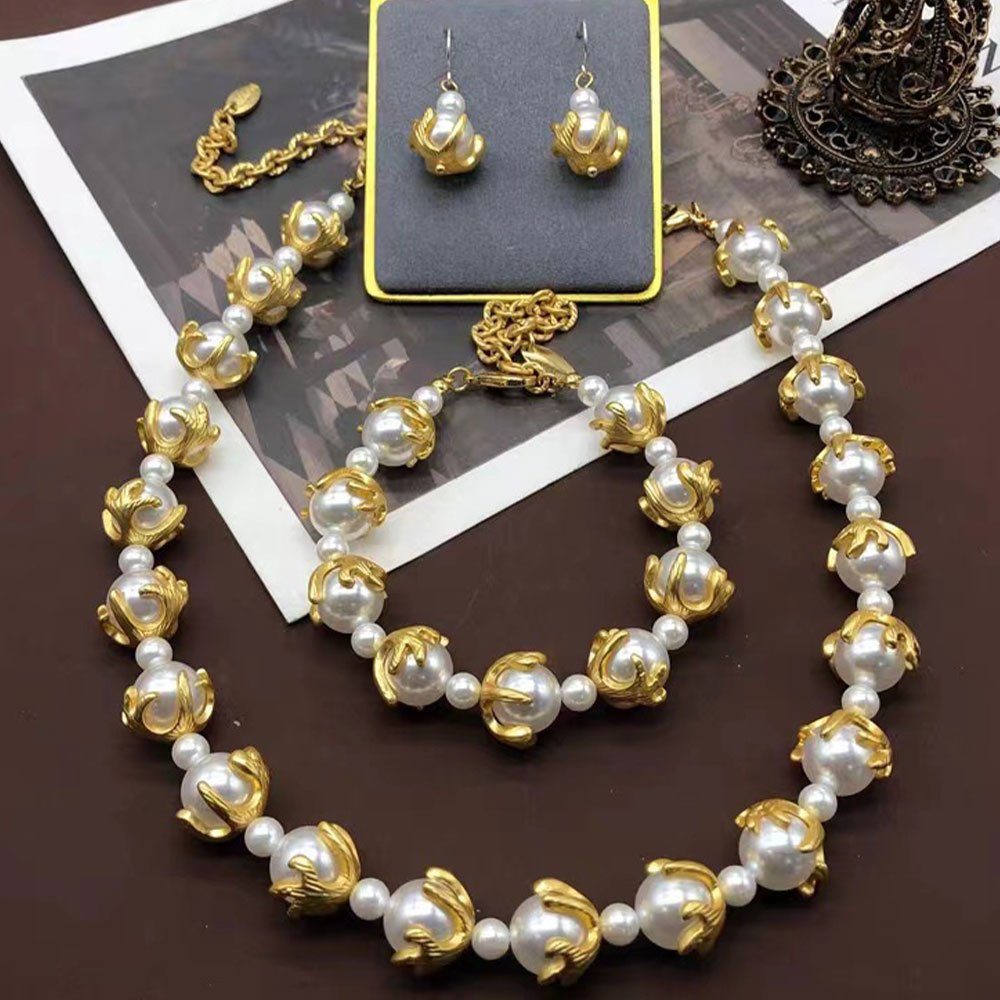 LAKKEC Schmuckset Halsketten, Armbänder,Ohrringe Damenschmuck Elegantes Perlenset, Vintage-Schmuck Brautschmuck Set (3-tlg) Gold