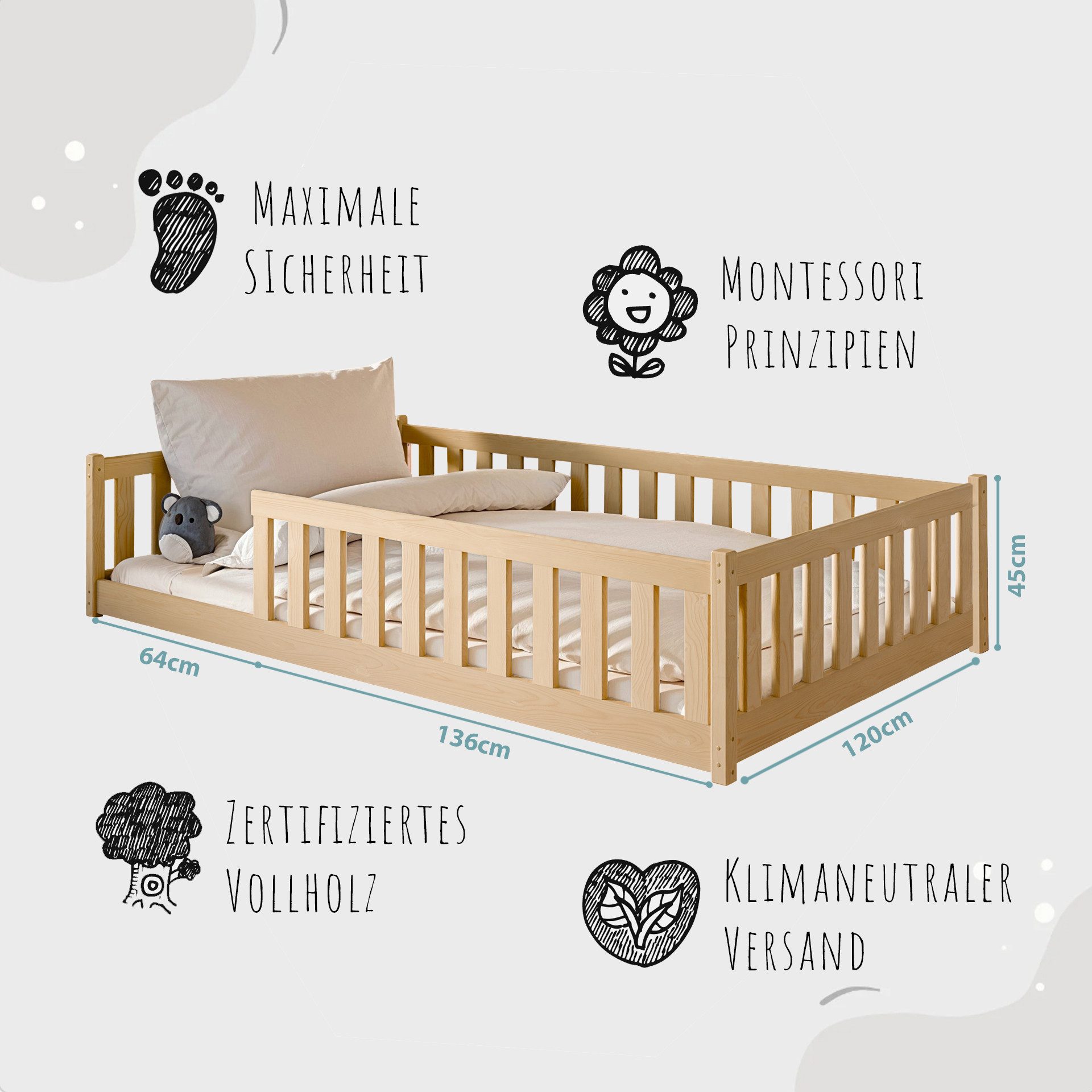Kids Collective Kinderbett Bodenbett Bett mit Rausfallschutz & Lattenrost Montessori Bett Kinder (Jungen, Mädchen, Kinder, weitere Größen 80x160, 80x180, 90x190 – Bild 3 von 5