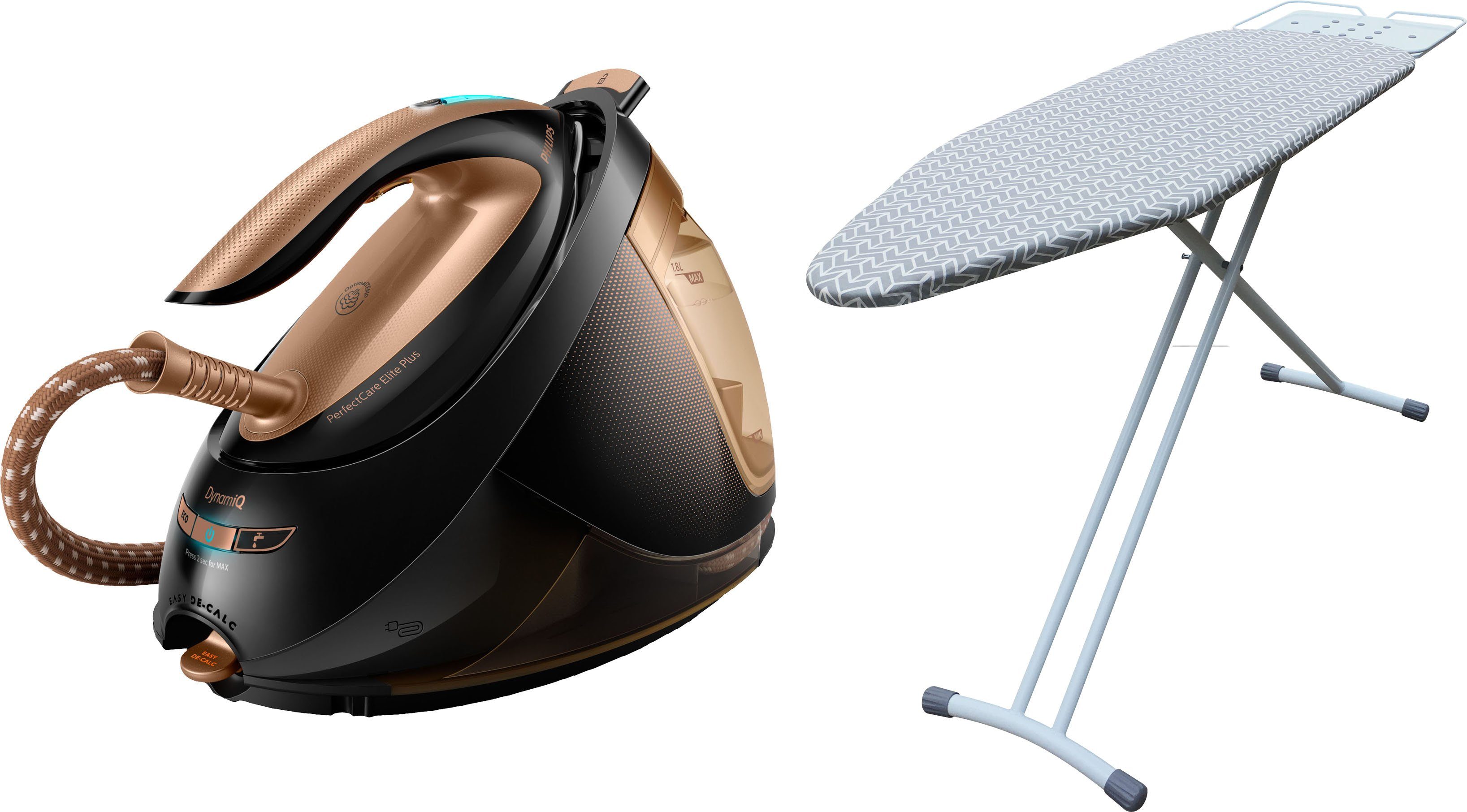 Philips Dampfbügelstation GC9682/80 PerfectCare Elite Plus, 1800 ml Wassertank, inkl. Bügelbrett GC221/98, T-IonicGlide Premium-Bügelsohle