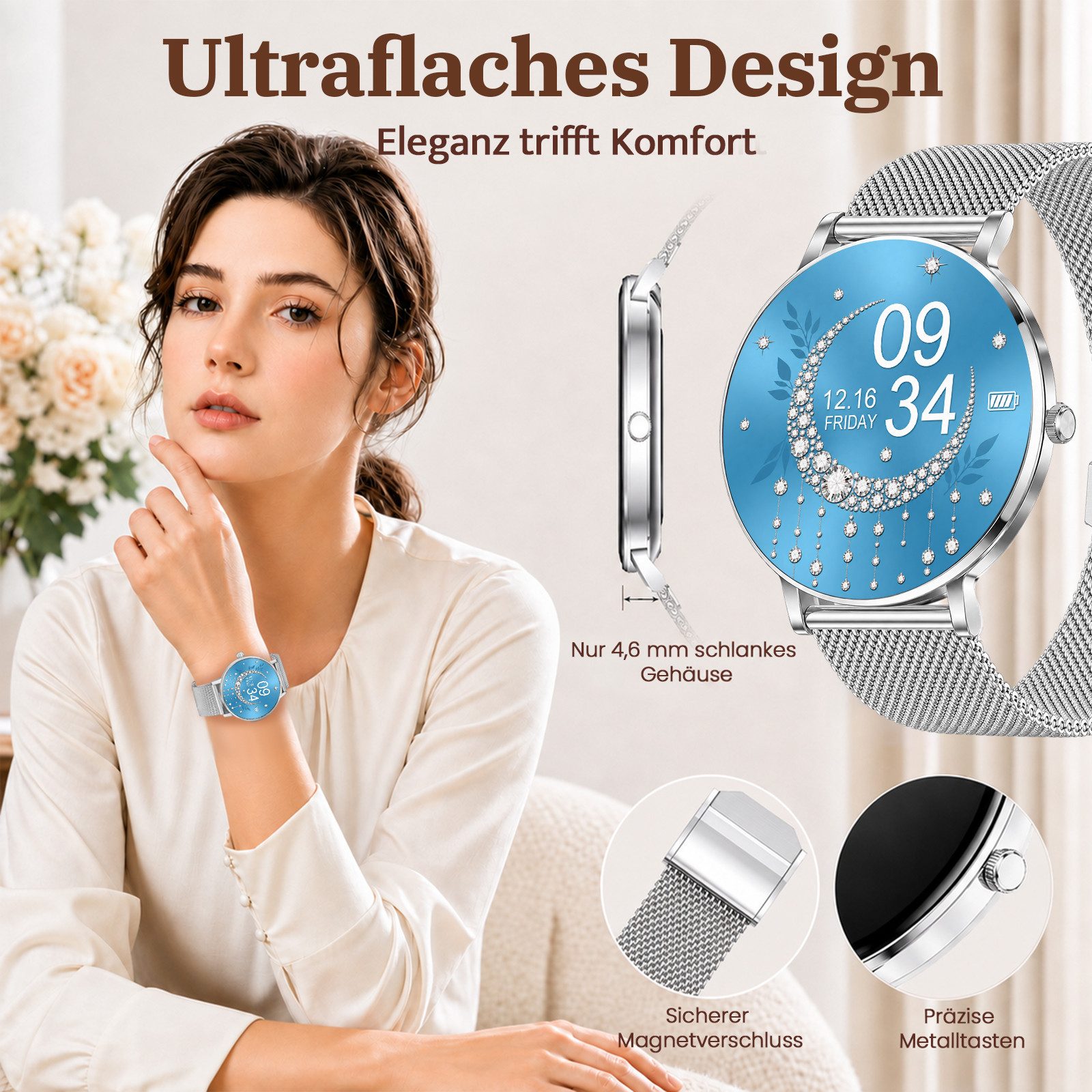 SWGOTA Damen Smartwatch 2026 mit Anrufen, Herzfrequenz, SpO₂ & Blutdruck Smartwatch, 1,48" AMOLED, 4,7 mm ultradünn, Schlafanalyse, Zyklus-Tracking, Bluetooth-T – Bild 3 von 5