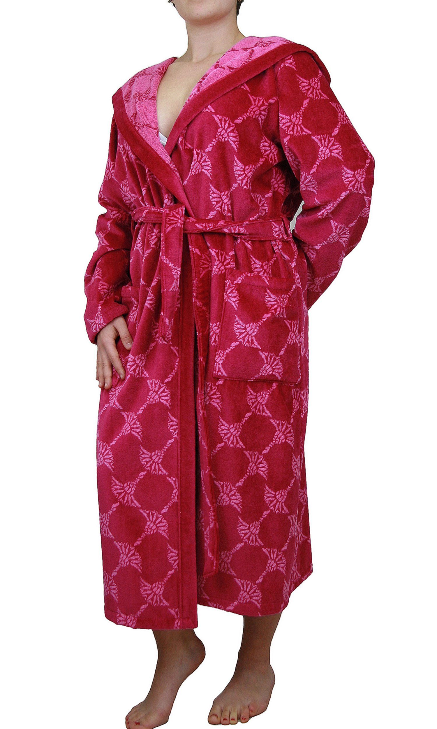 JOOP! Damenbademantel 1646 Classic Velour, Baumwolle, Kapuze, Gürtel, mit Kapuze elegantes Cornflower Muster allover