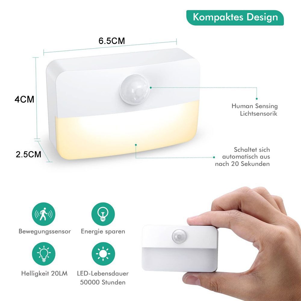 QUBEBU LED Nachtlicht Nachtlicht mit Bewegungsmelder, 1/2/4/6 Stück kinder Bewegungslicht., LED fest integriert, Warmweiß, Kaltweiß, mit Dämmerungssensor., Auto EIN/AUS Sensor Licht Für Flur, Bad, Schlafzimmer, Indoor Treppe.