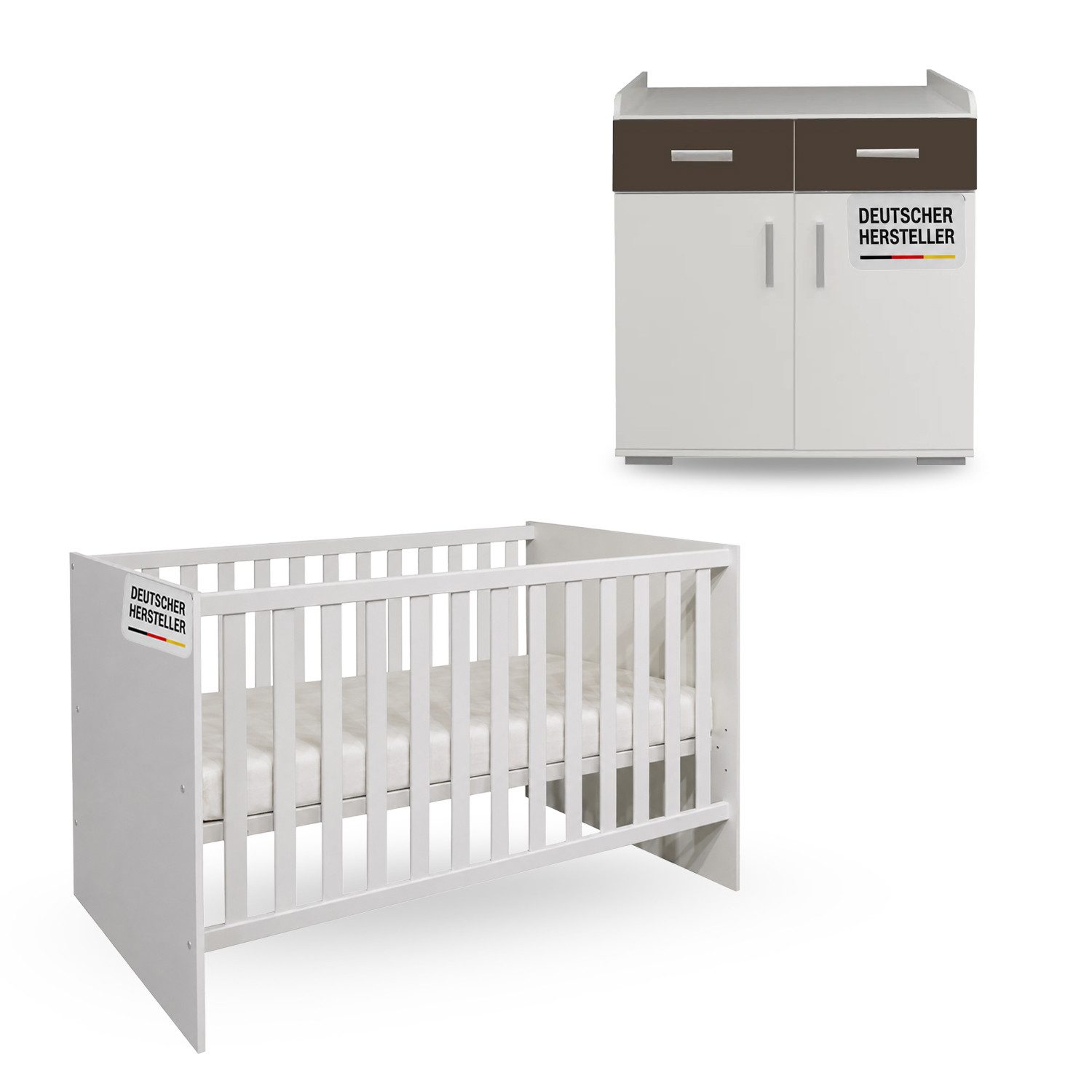 Storado Bettanlage Sienna 2-teilig 70×140cm, Kinderzimmer-Set, Farbe wählbar, Mitwachsendes Babybett, Wickelkommode und geräumiger Schrank