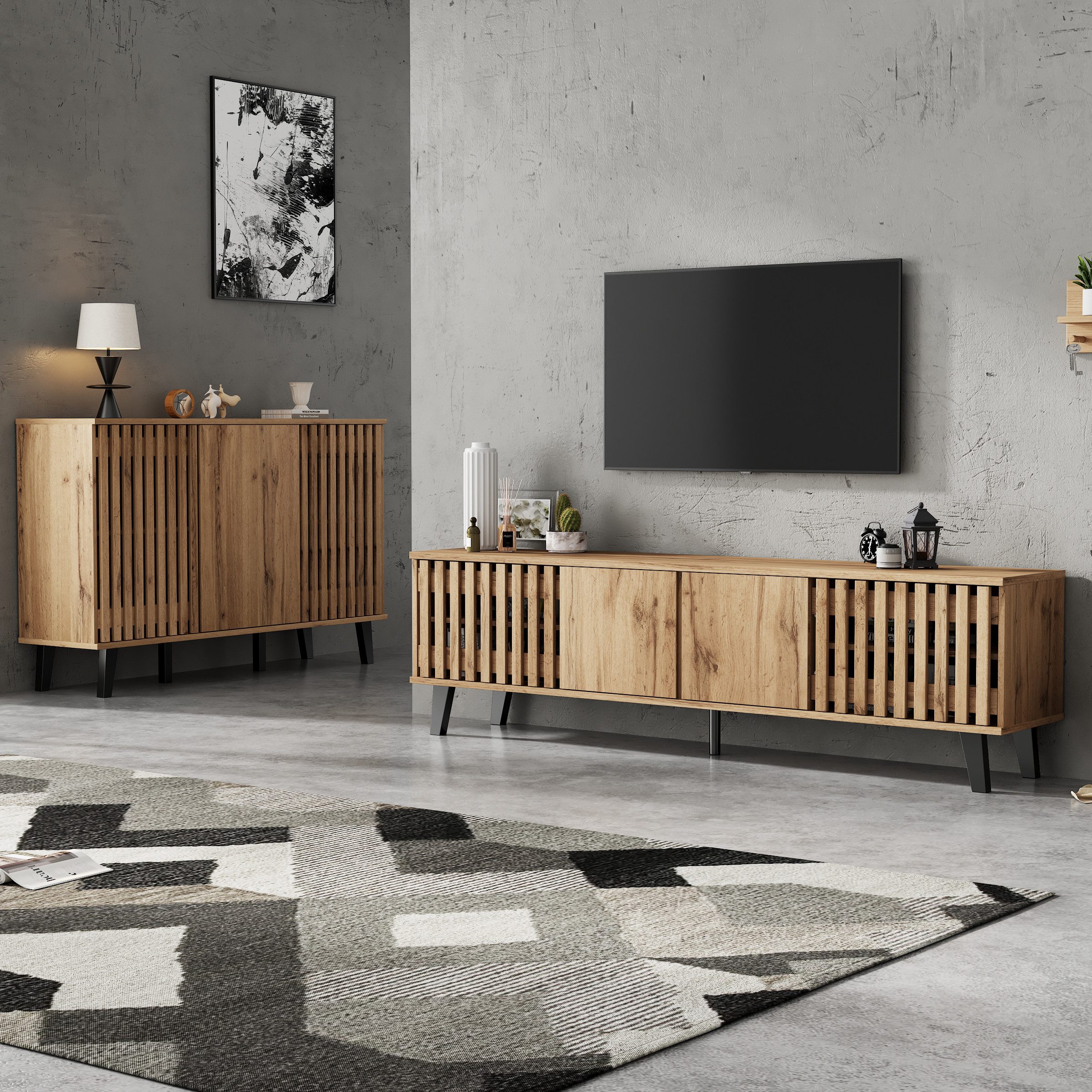 Schrank-Set TV-Schrank Sideboard Kommode Anrichte 8 Fächer 6 Ablagefächer Natur