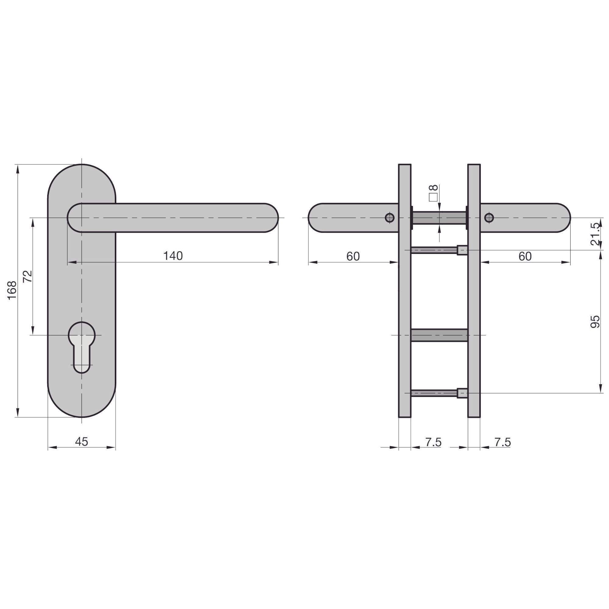 BASI Türbeschlag Kurzschild-Garnitur 72/8 mm, Edelstahl Türbeschlag (Packung), PZ Profilzylinder-Lochung, Drücker in U-Form, für Türstärken 38-45 mm – Bild 2 von 3