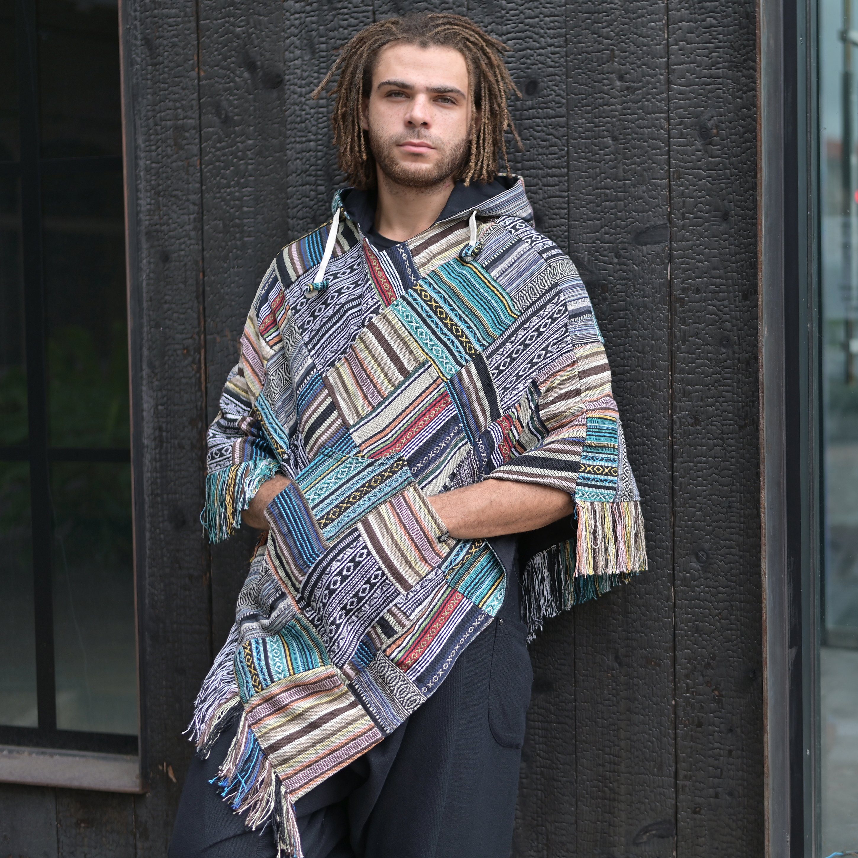 virblatt Poncho Poncho Herren, Baumwolle, Poncho Winter Mexiko Herren Poncho mit Kapuze, Unisex, zum Wenden, gesticketes Mandala