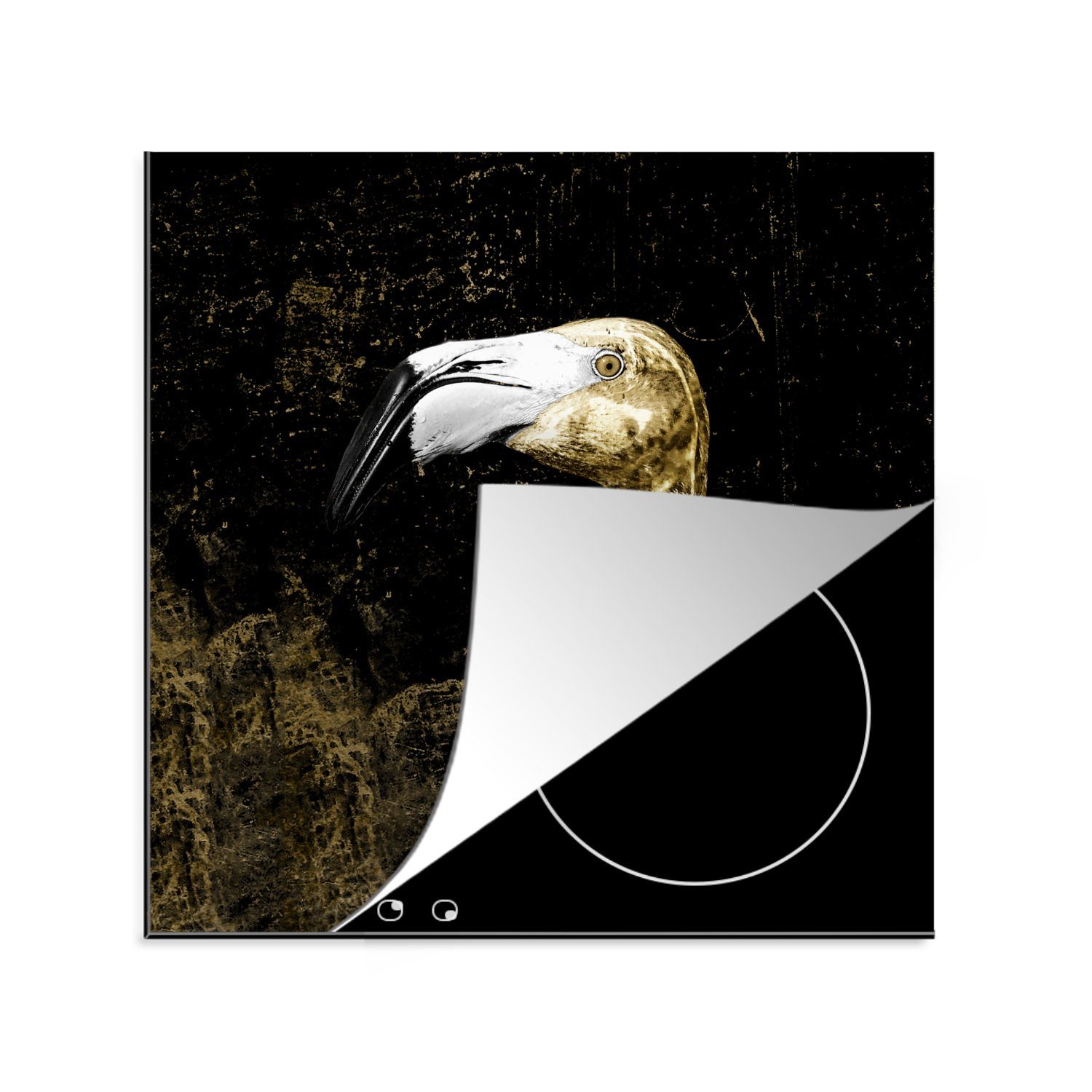 MuchoWow Herdblende-/Abdeckplatte Flamingo - Vogel - Blätter - Gold, Vinyl, (1 tlg), 78x78 cm, Ceranfeldabdeckung, Arbeitsplatte für küche