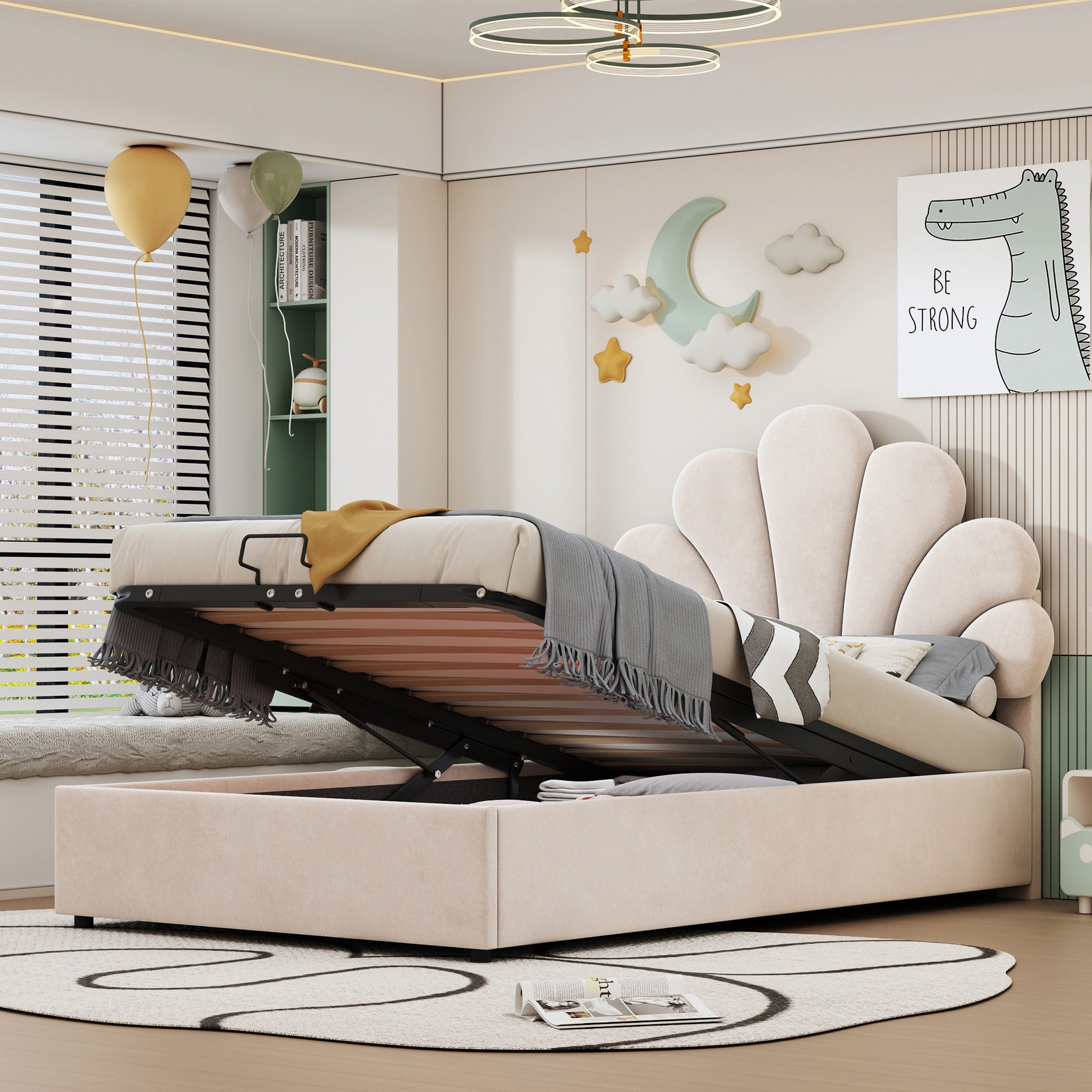 Flieks Polsterbett, hydraulisches Einzelbett Blumenform-Kopfteil Samt 90x20 günstig online kaufen