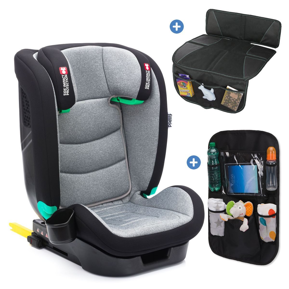 Fillikid Autokindersitz Elli Pro i-Size - Grau, ab: 3 Jahren, bis: 12 Jahren, Kinder Autositz ab 3 - 12 Jahre mit Autositztasche & Polsterschutz