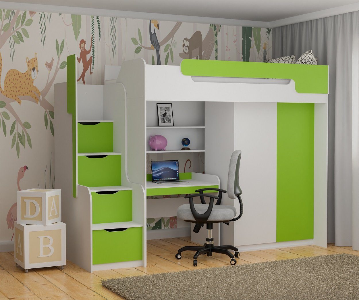 Möbel-Zeit Hochbett Hochbett DORIAN mit Schreibtisch und Schrank grün
