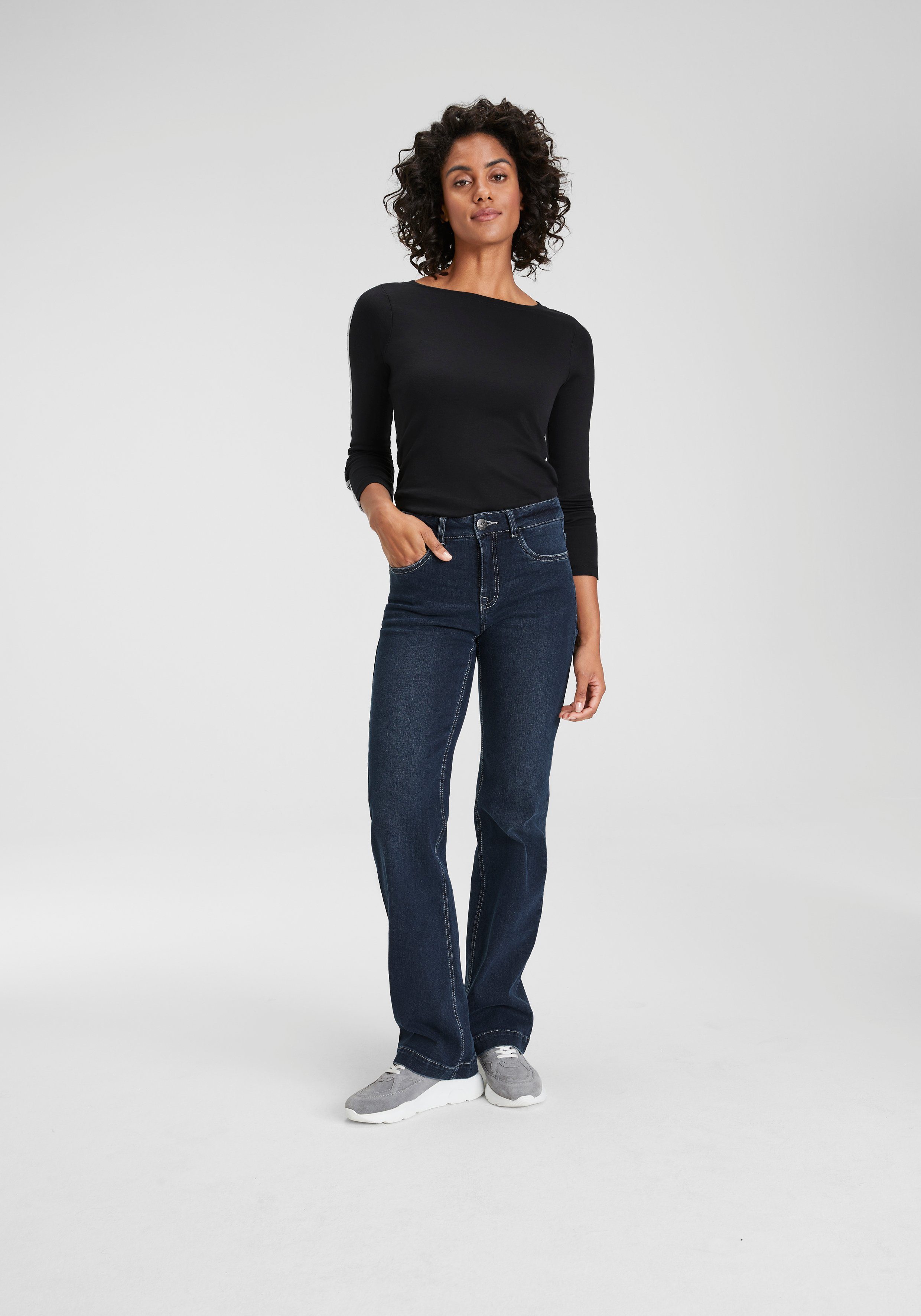 Arizona Weite Jeans weite Beinform, Used-Look-Waschung, hohe Taille