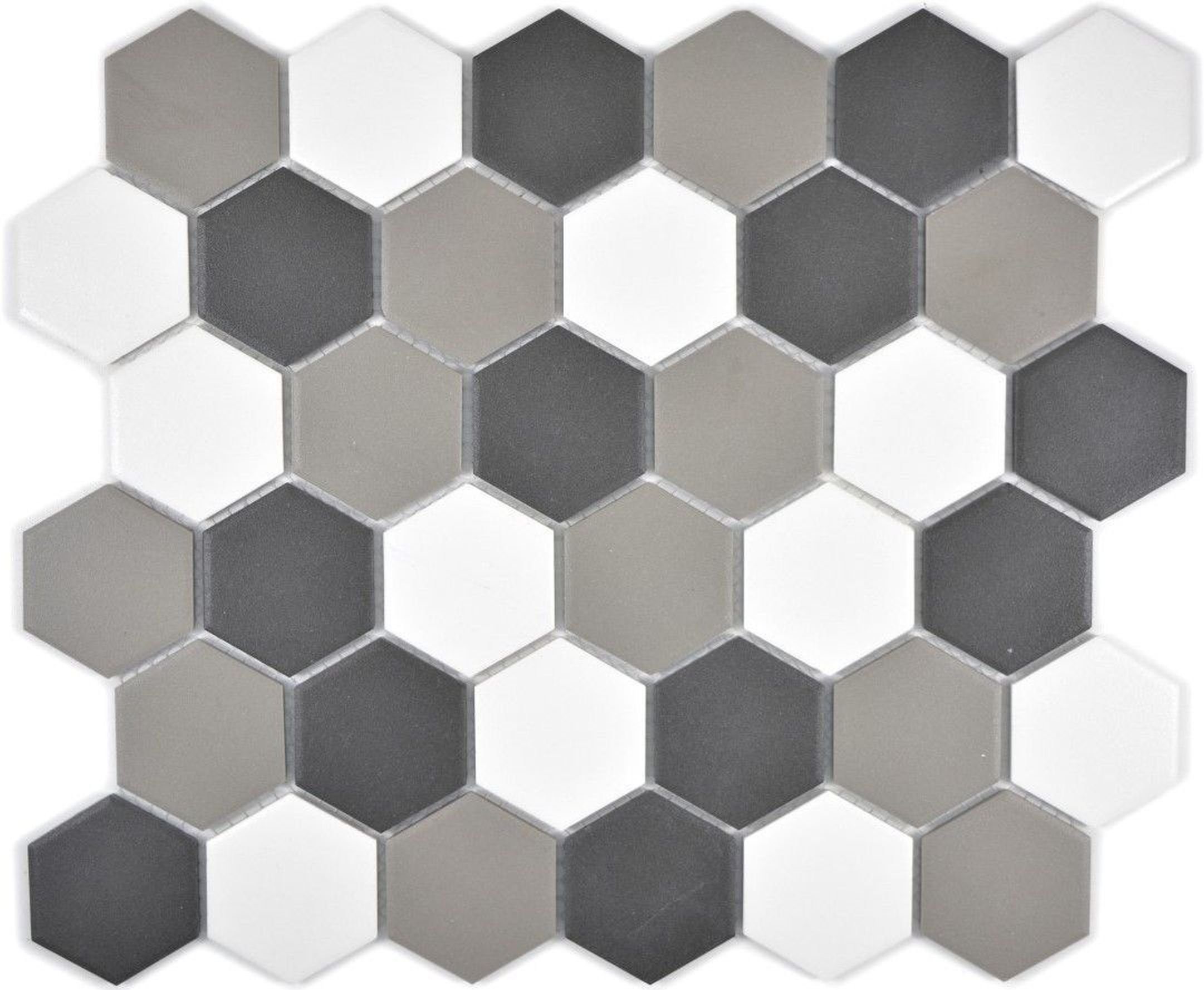 Mosani Bodenfliese Hexagon Mosaik Fliese rutschsicher weiß Keramik schwarz grau