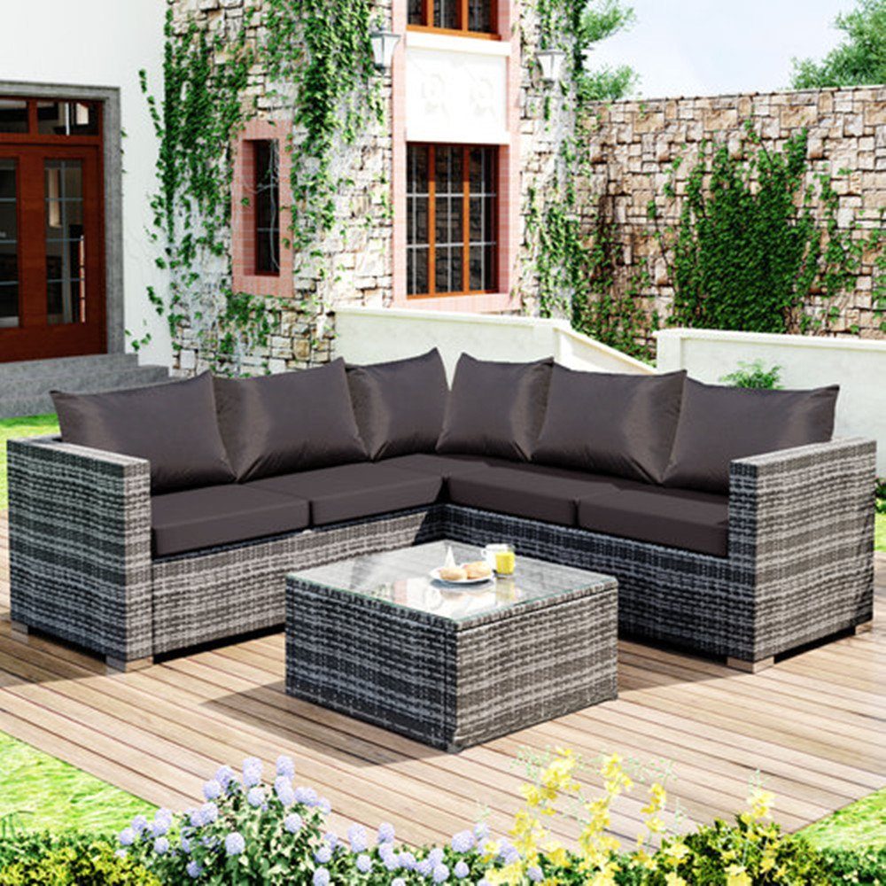 XDeer Gartenlounge-Set Polyrattan Gartenmöbel-Set,5 Sitzer,Anti-UV-Kissen+Bezüge, Rattan-Ecksofa mit Einzelsofa und Couchtisch für 4-5 Personen