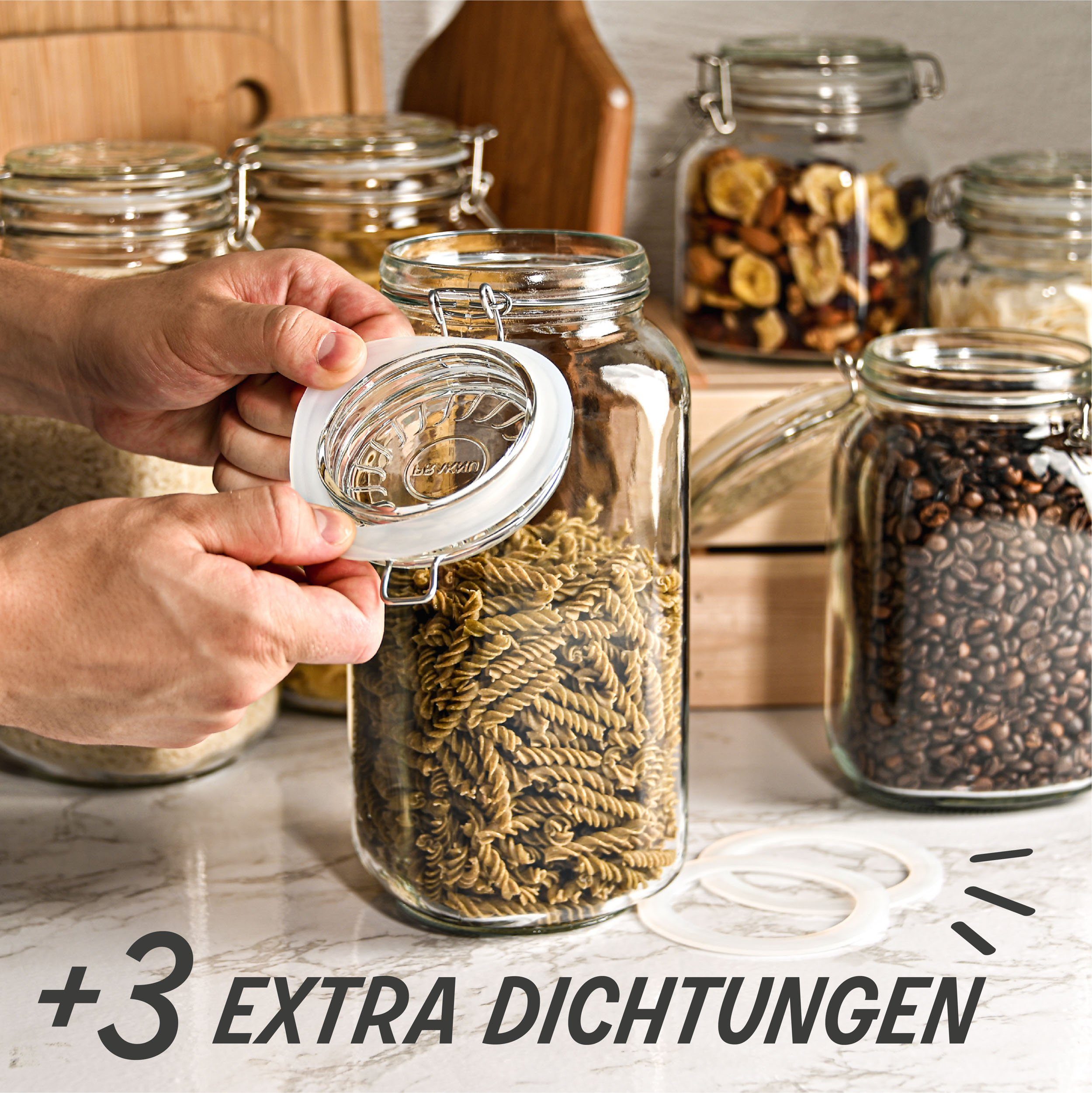 Dichtung, Vorratsbehälter (Set, Vorratsgläser mit für 3-tlg), 2300ml, Lebensmittel Vorratsglas Praknu Luftdichte Glas, Deckel 3 Bügelverschluss