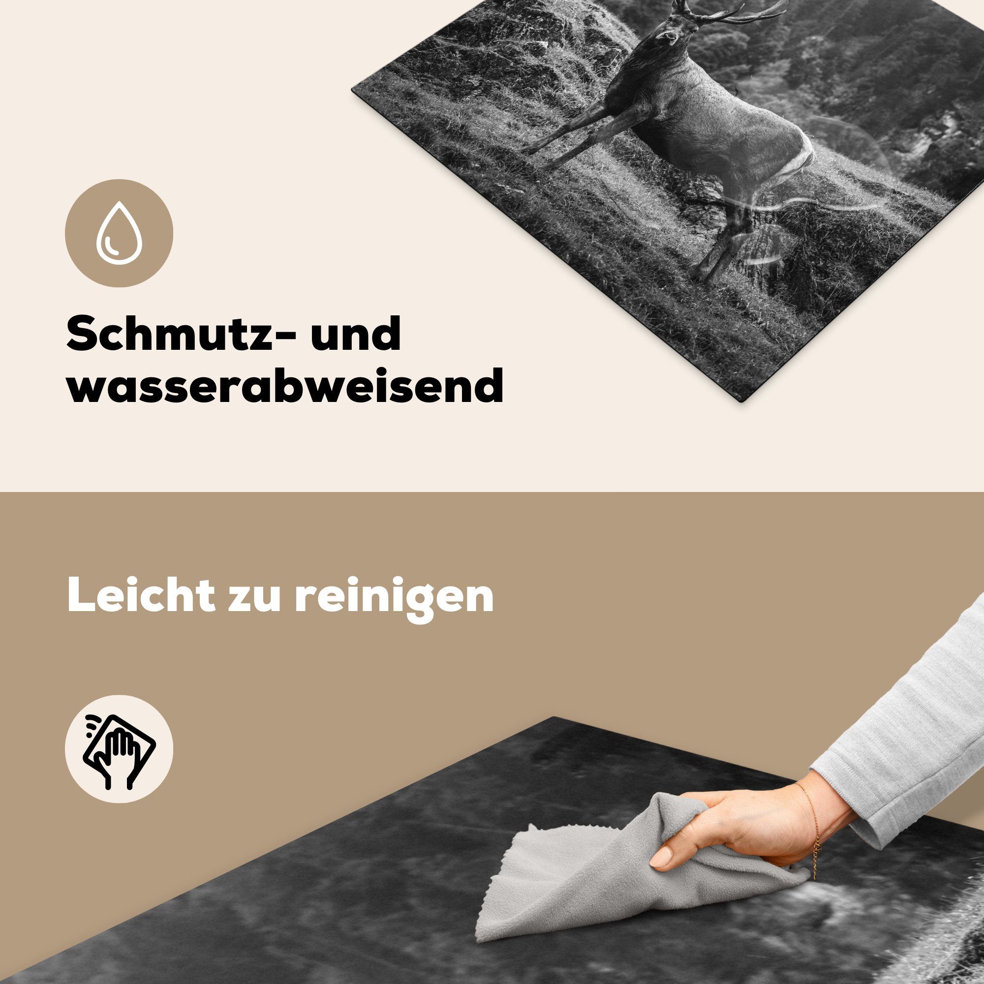 MuchoWow Herdblende-/Abdeckplatte Hirsche Vinyl, Arbeitsfläche einer hügeligen - nutzbar, (1 Mobile schwarz-weiß, Ceranfeldabdeckung in cm, Landschaft tlg), 60x52