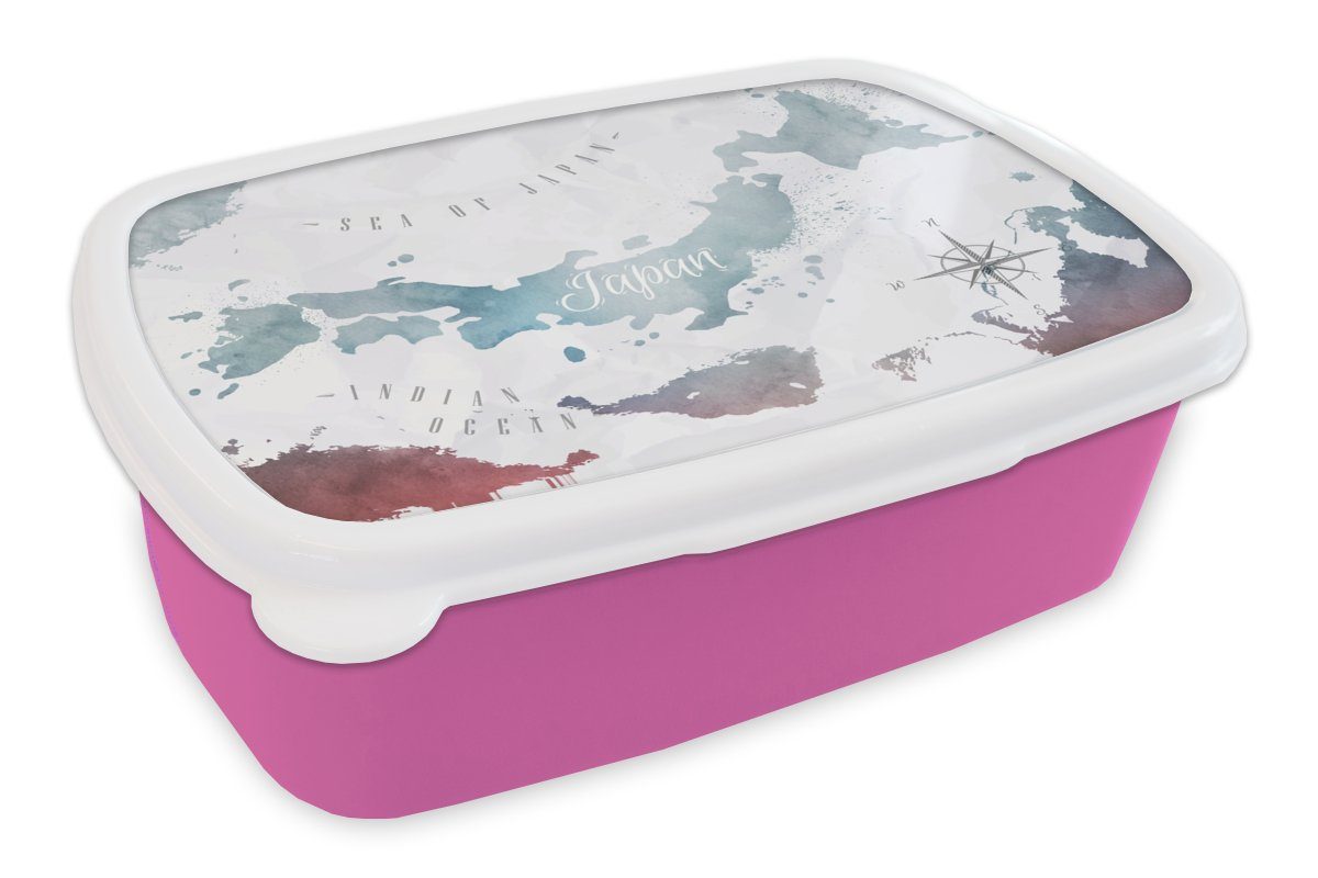 Brotbox Kinder, MuchoWow - Snackbox, - Erwachsene, (2-tlg), Mädchen, Brotdose Kunststoff Weltkarten Silber, Japan rosa Lunchbox Kunststoff, für