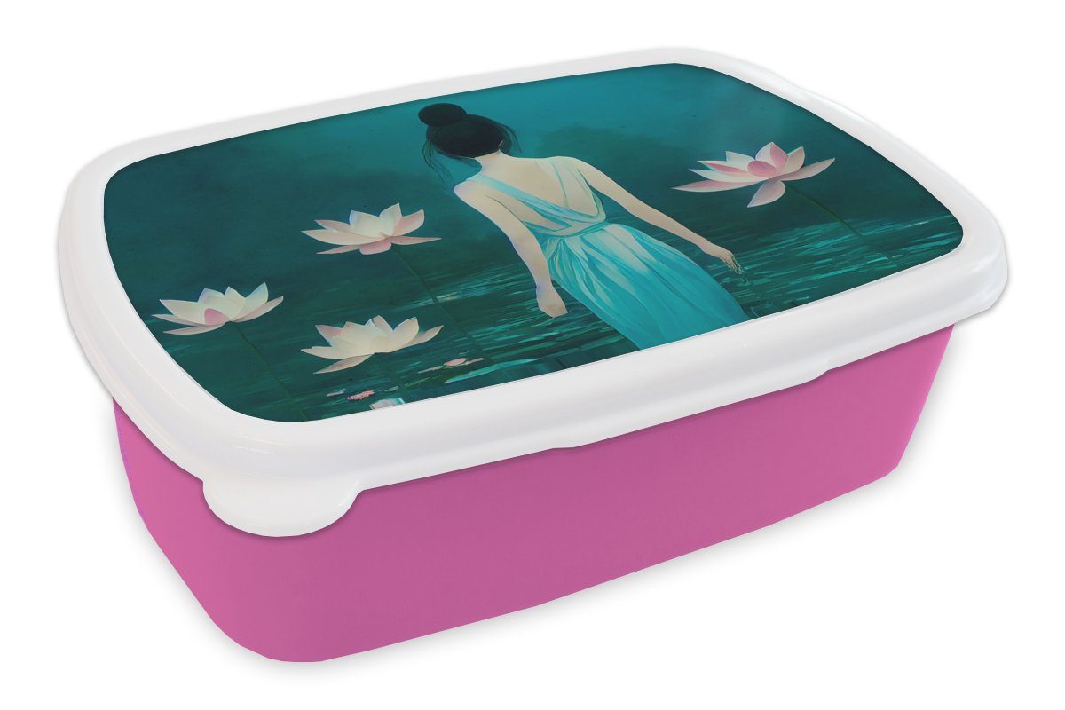MuchoWow Lunchbox Frau - Porträt - Wasser - Blumen - Lilie, Kunststoff, (2-tlg), Brotbox für Erwachsene, Brotdose Kinder, Snackbox, Mädchen, Kunststoff rosa