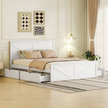 SOFTWEARY Massivholzbett Doppelbett mit Lattenrost, Kopfteil und 4 Schubladen (160x200 cm), Holzbett aus Kiefer