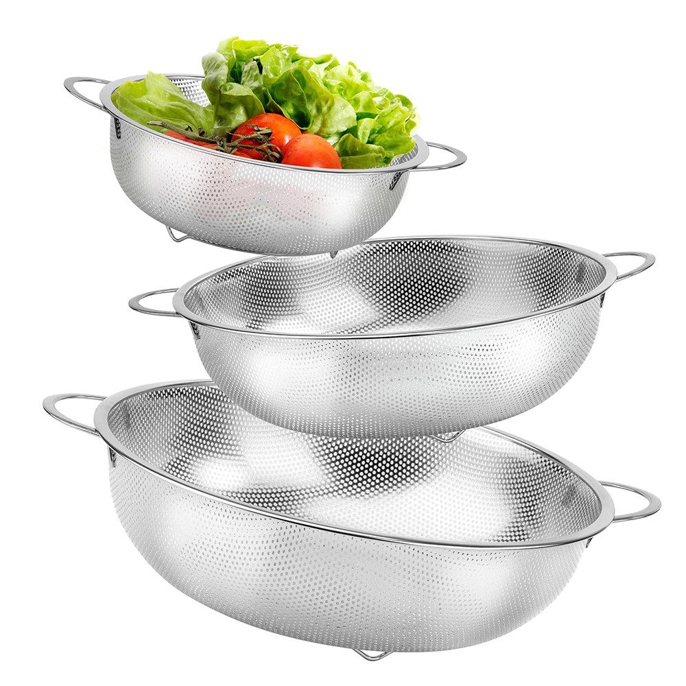 TUWENA Küchensieb 3 Stück Edelstahl Küchensieb, Mikroperforiertes Nudelsieb mit Griffen, Sieb 3er-Set,Spülmaschinenfest-16.5/22.5/28.5cm für Nudeln Obst Reis