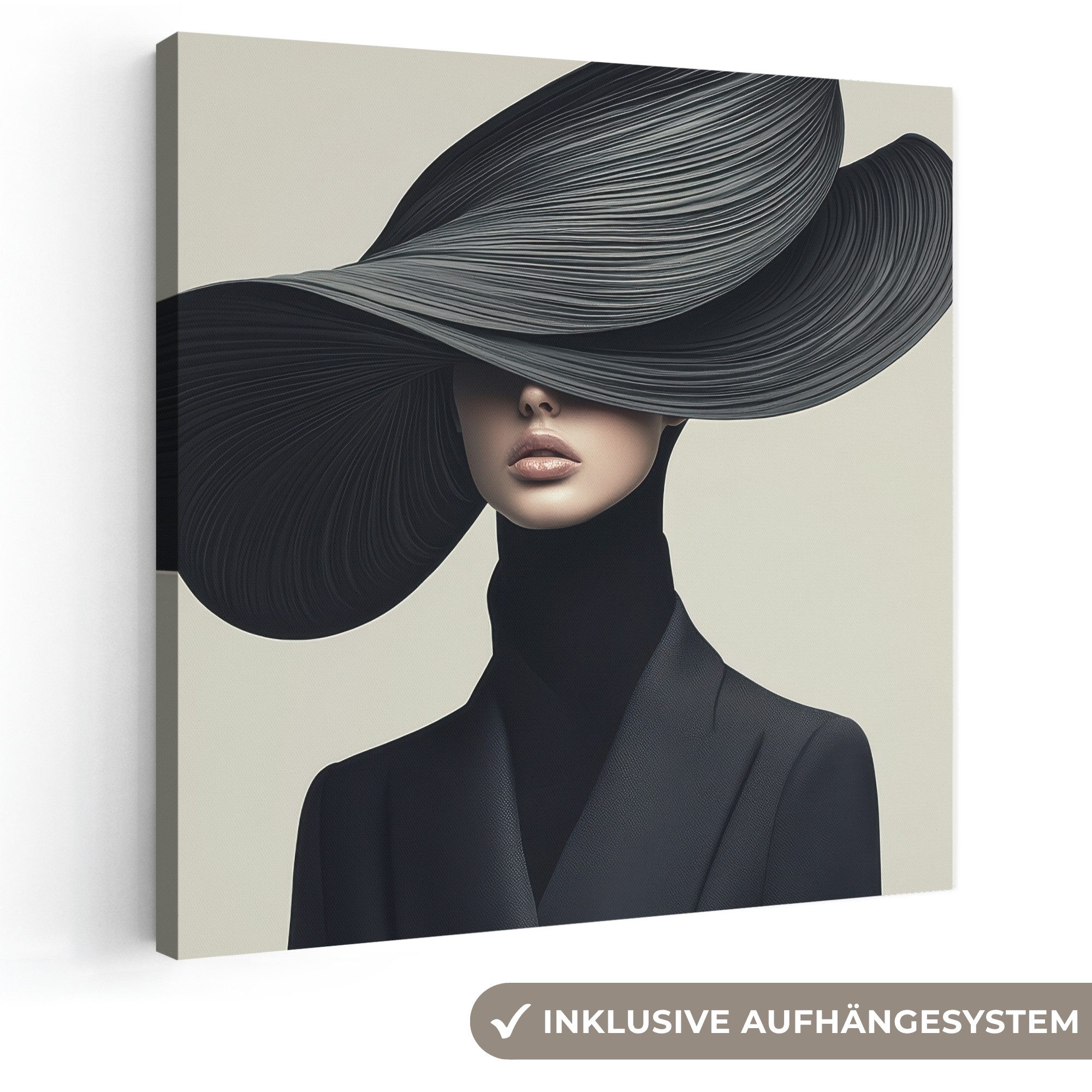 OneMillionCanvasses® Leinwandbild Schwarz - Frau - Hut, Fotodruck (1 St), Wandbild, Deko Schlafzimmer Wohnzimmer Flur 20x20 cm