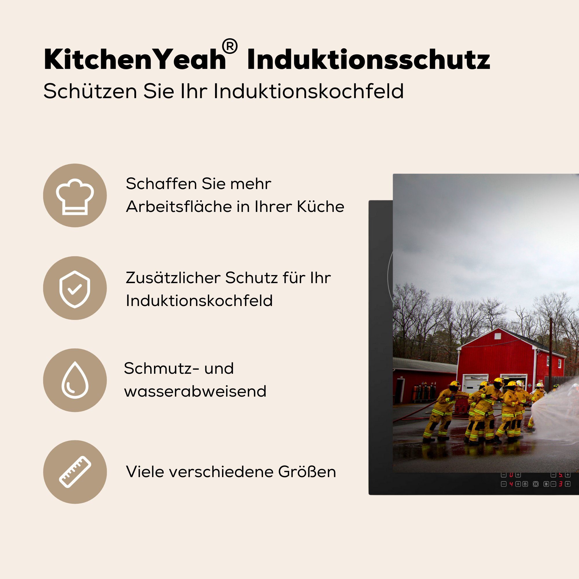 MuchoWow Herdblende-/Abdeckplatte Amerika 81x52 Vinyl, cm, - Feuerwehrleute, Feuer - tlg), Ceranfeldabdeckung, Arbeitsplatte küche für (1