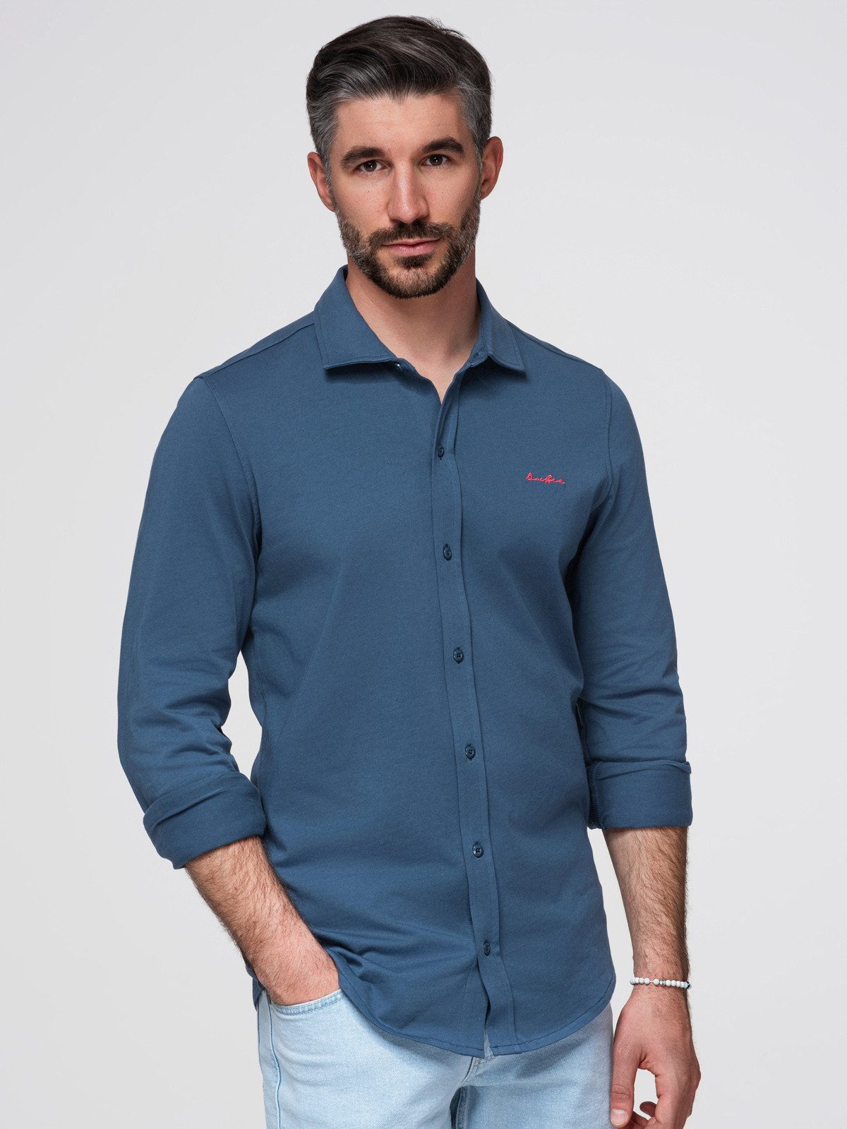 Langarmhemd Herren Regular Fit Hemd mit Kontraststickerei Denim L