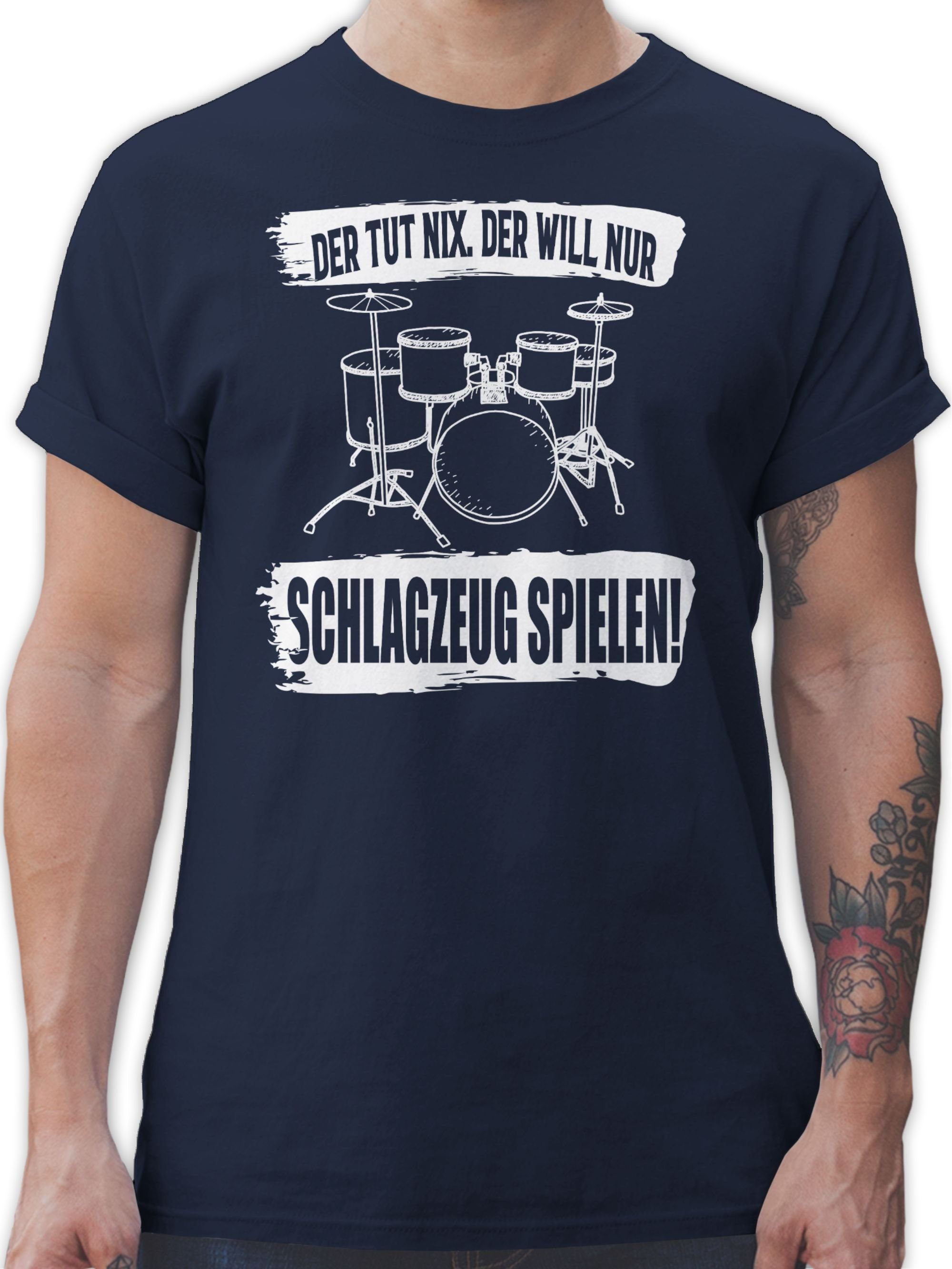 Shirtracer T-Shirt Musik nur tut will Der 2 Schlagzeug Navy der Zubehör spielen. nix. Instrument Blau
