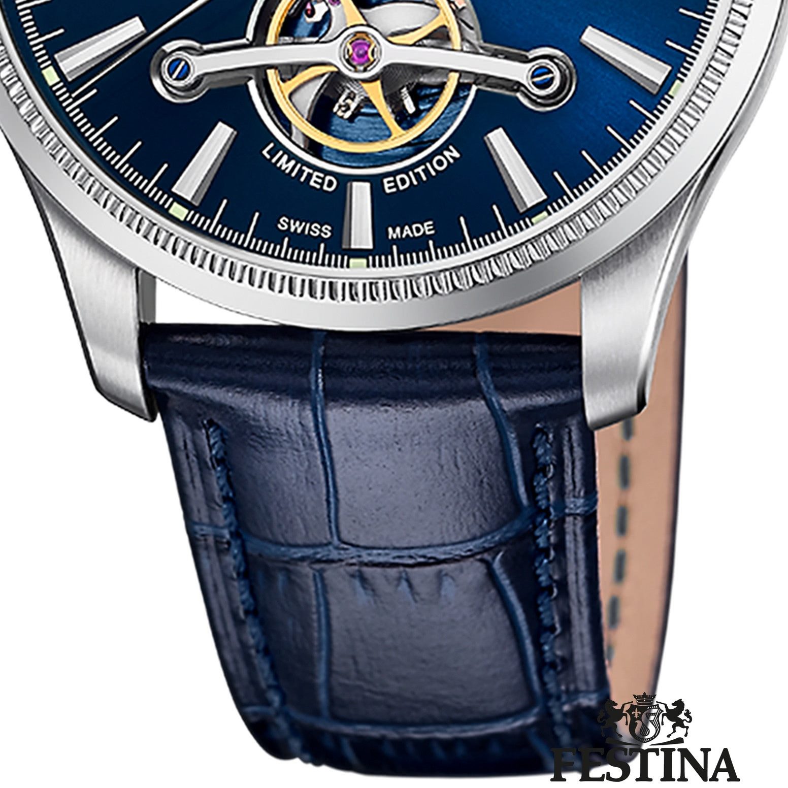 Festina Automatikuhr Festina Herrenuhr Swiss Made Armbanduhr, (Analoguhr), Herren Armbanduhr rund, Lederarmband Blau, Elegant
