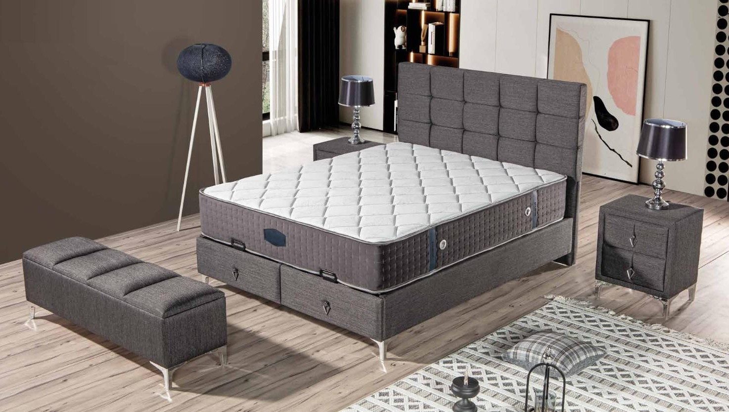 Xlmoebel Boxspringbett Grau modernes Bett mit Matratze aus Textil und Edelstahl (1-St), Made in Europa