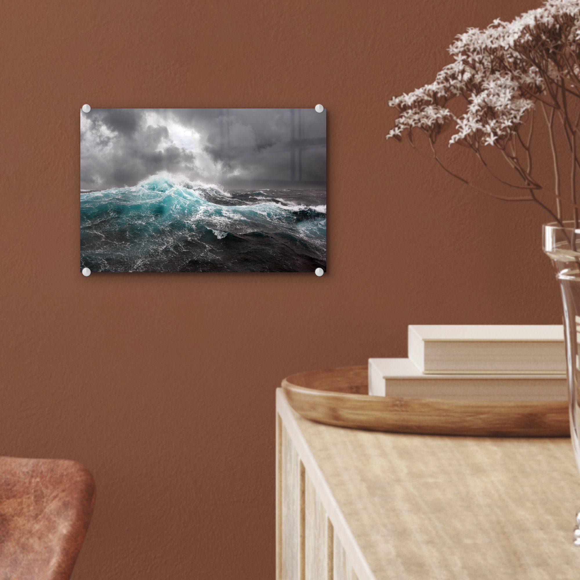 - Wandbild Glasbilder auf Foto - (1 Sturm Acrylglasbild - Wanddekoration MuchoWow Bilder auf - Glas Welle, - St), Ozean Glas