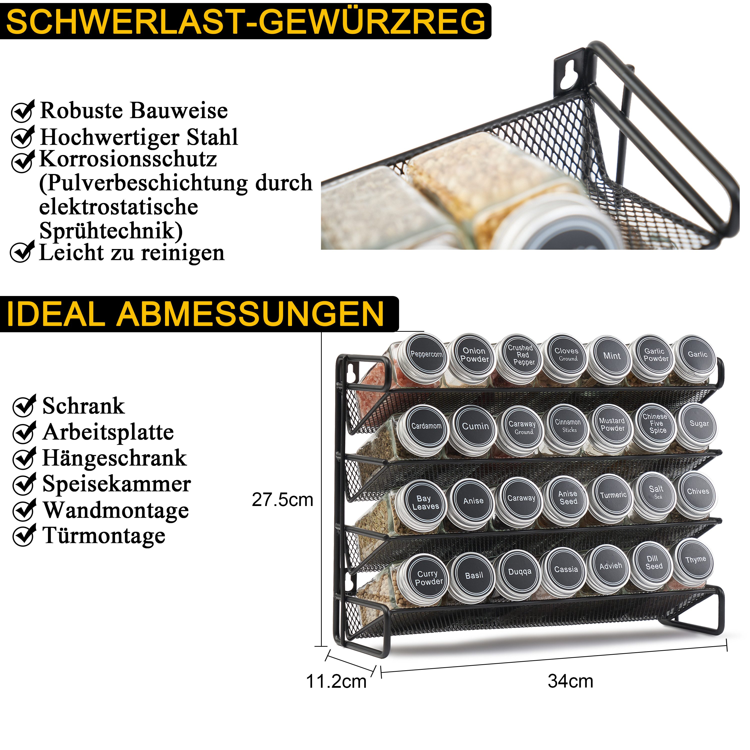 SpaceAid Gewürzregal 4-stöckiges Gewürzregal Stehend, mit 28 Gewürzgläsern, 386 Gewürzetiketten, Kreidemarker und Trichter – Bild 4 von 5