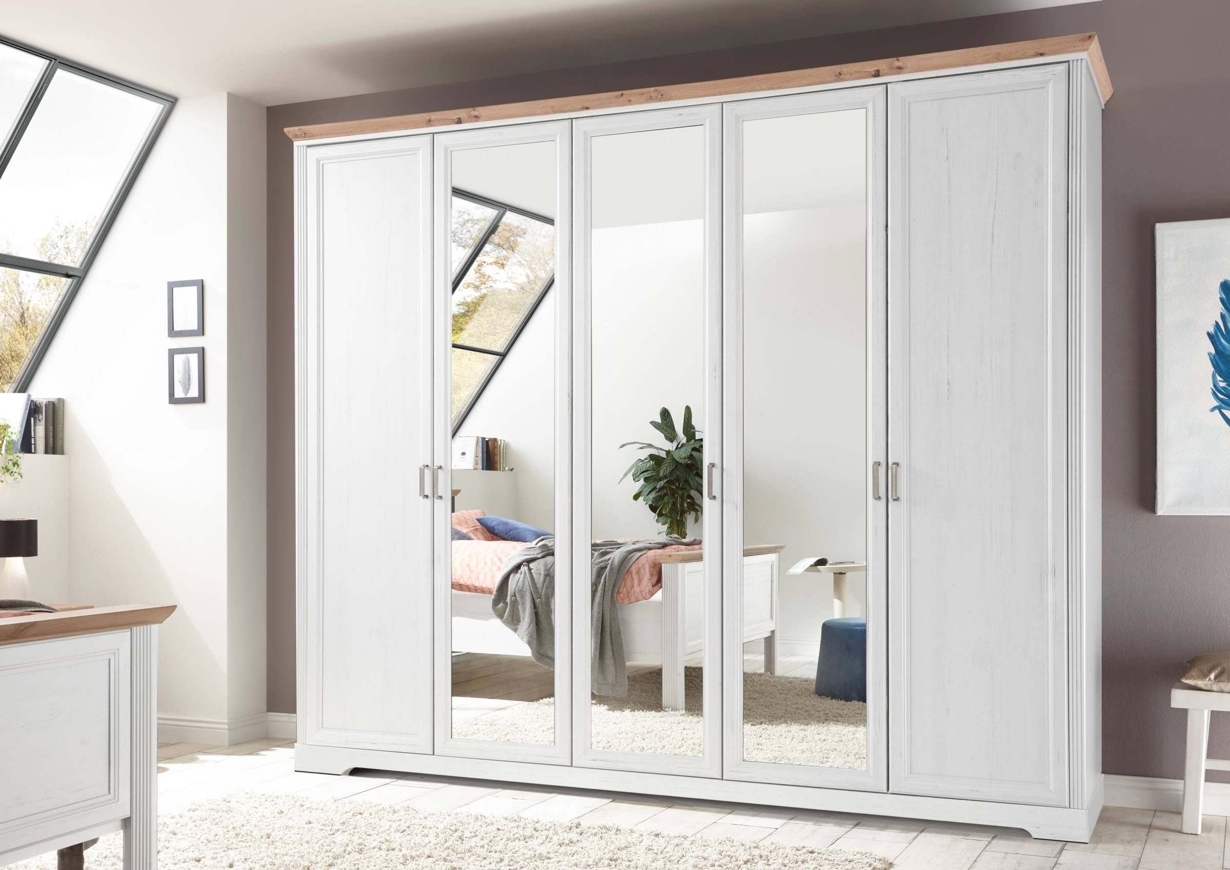 Schlafkontor Kleiderschrank Kleiderschrank JASMIN 5 Türen mit Spiegel Pinie weiß Nachbildung