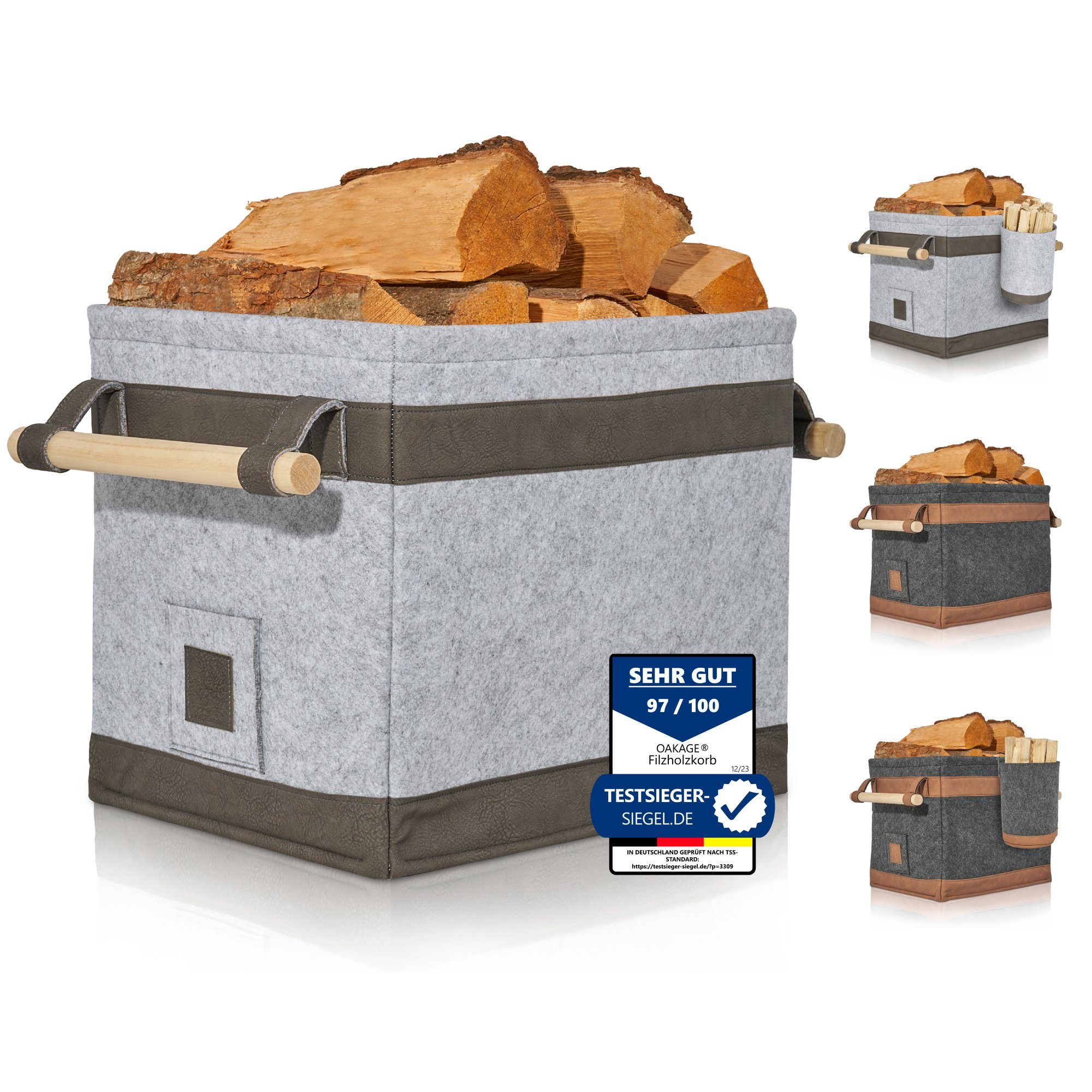 OAKAGE Kaminholzkorb Holzkorb für Kaminholz Feuerholzkorb Brennholzkorb Kaminkorb Filzkorb, Schmutzabweisendes Innenfutter und Lederboden