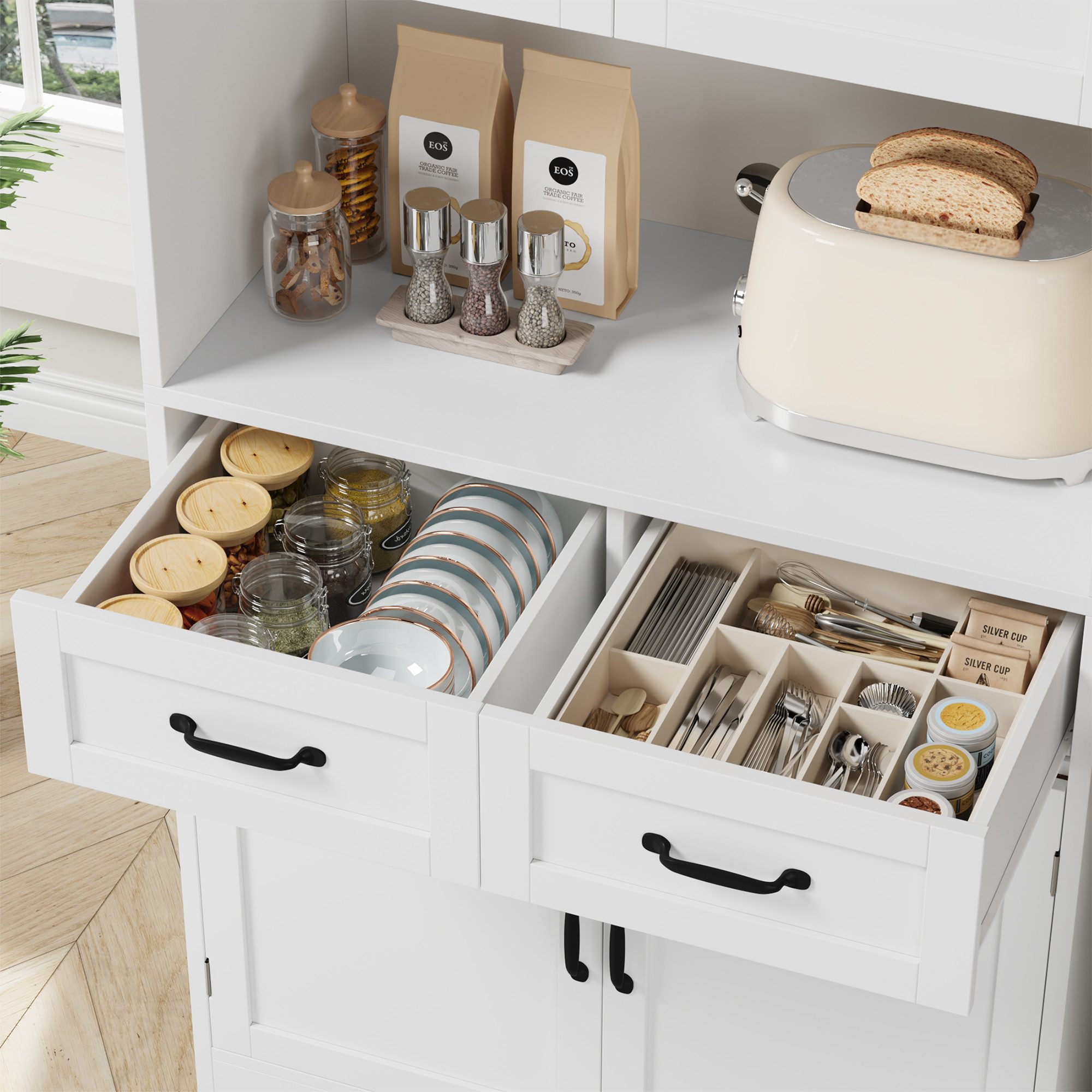 HOMECHO Hochschrank Küchenbuffet mit 4 Türen 2 Schubladen und offenen Fächern – Bild 5 von 5