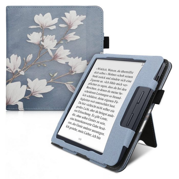 kwmobile E-Reader-Hülle Flip Schutzhülle für Kobo Libra H2O Handschlaufe - Cover Magnolien Design