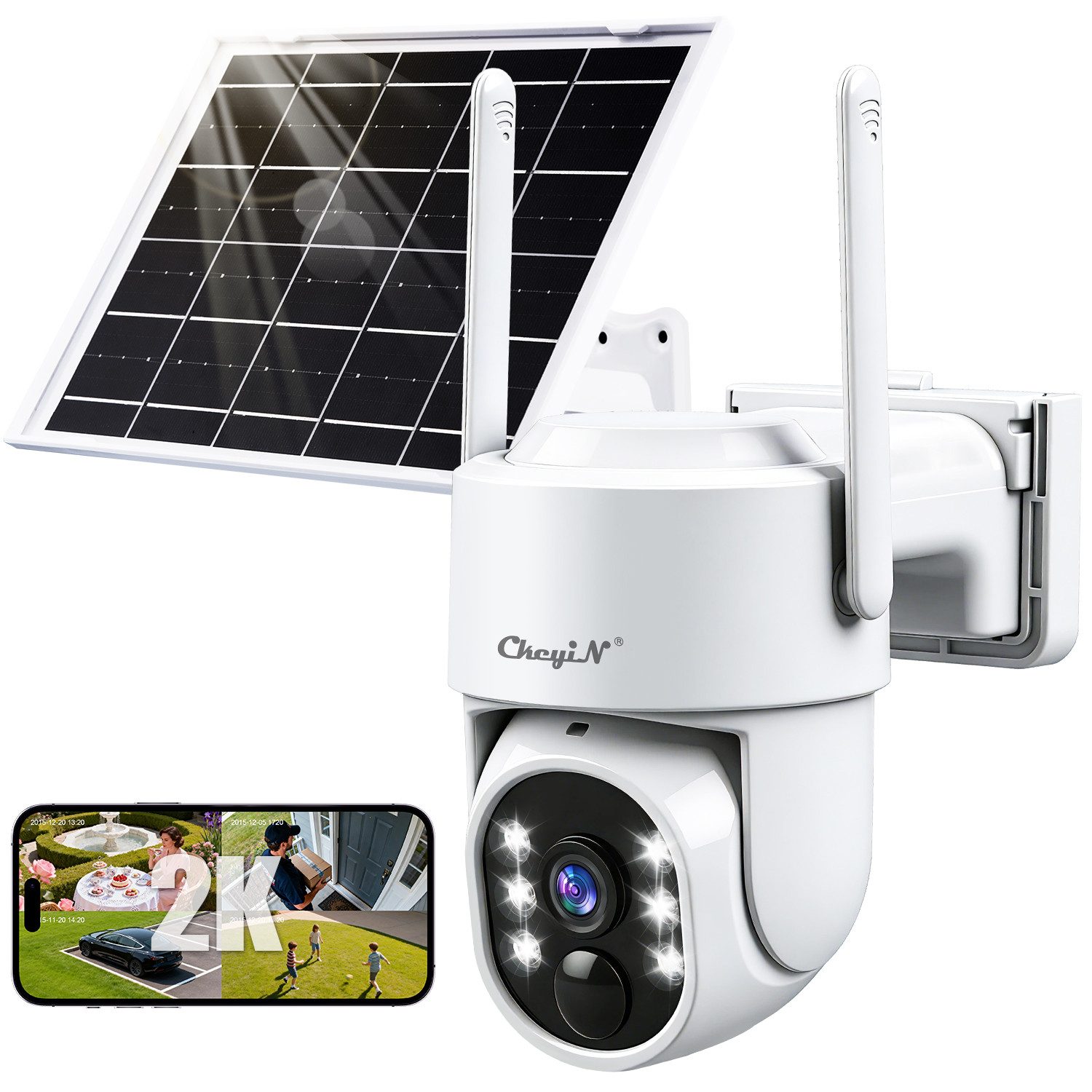 CkeyiN Überwachungskamera außen 360°-WLAN-Überwachungskamera, 2.4G WLAN, 4MP, 2560*1920 Pixel (Außenbereich, Solarenergieüberwachung, mit 2-Wege-Audio, Nachtsicht, Bewegungserkennung & Geräuscherkennung)