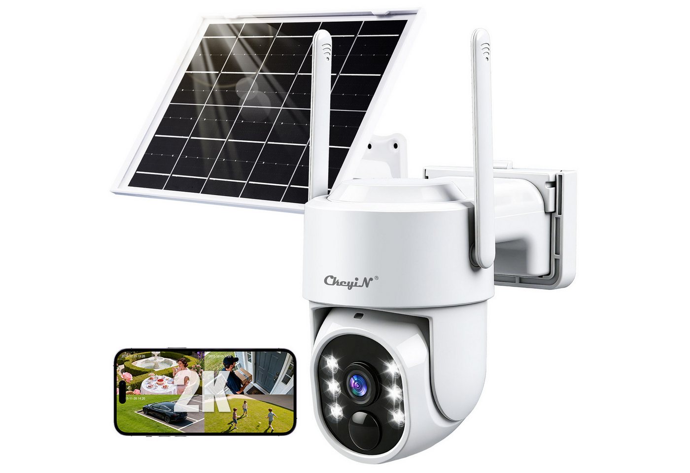CkeyiN Überwachungskamera außen 360°-WLAN-Überwachungskamera, 2.4G WLAN, 4MP, 2560*1920 Pixel (Außenbereich, Solarenergieüberwachung, mit 2-Wege-Audio, Nachtsicht, Bewegungserkennung & Geräuscherkennung)