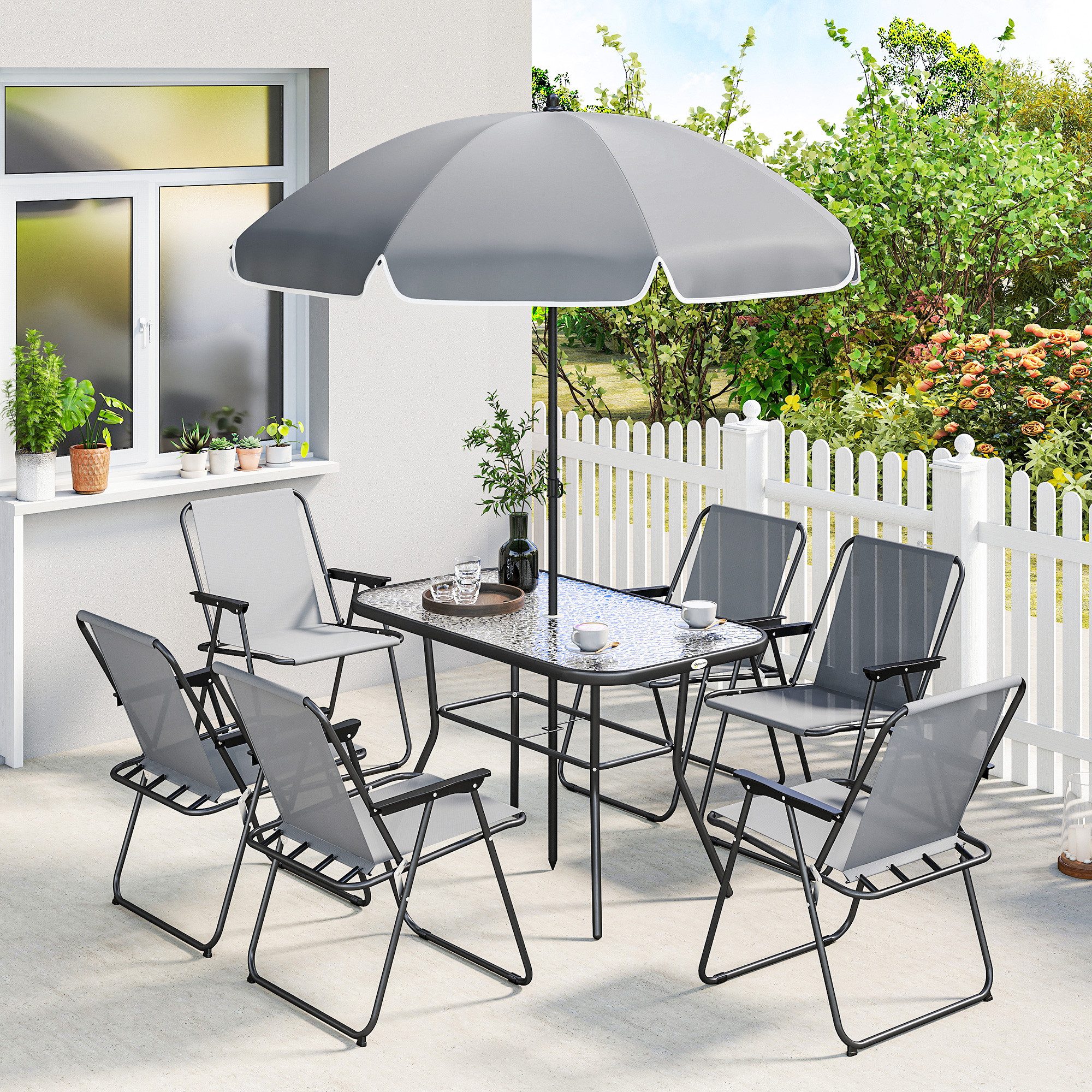 Outsunny Garten-Essgruppe Sitzgruppe 119 x 68cm Glastisch mit 6 Klappstühlen Sonnenschirm, (Gartenset, 8-tlg., Gartenmöbel Set), für Garten Terrasse Grau